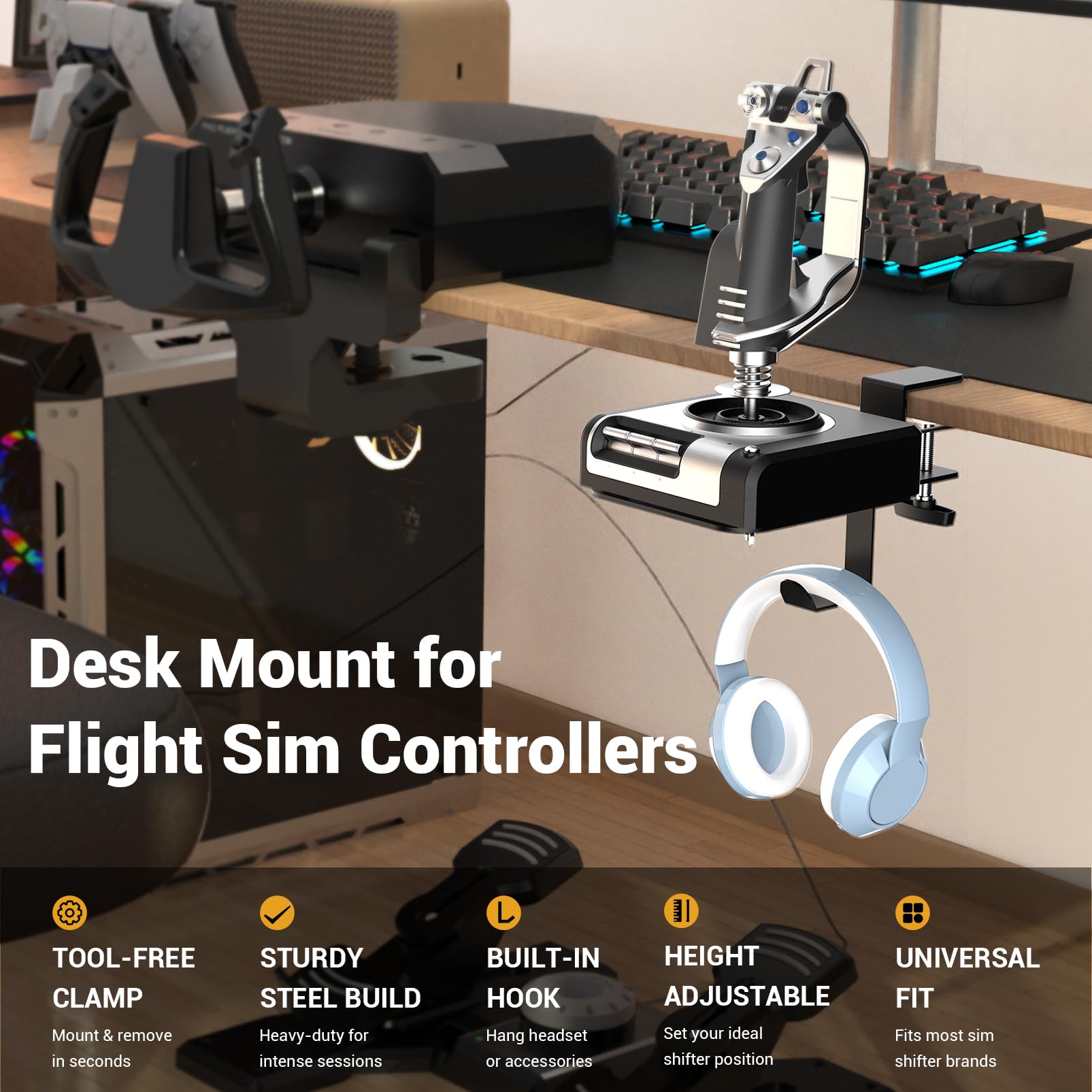 SILVIP Flight Hotas - Supporto da scrivania per joystick/acceleratore/hotas con supporto per cuffie, compatibile con Thrustmaster, Logitech, Turtle Beach e Winwing Flight Sim Hotas, nero