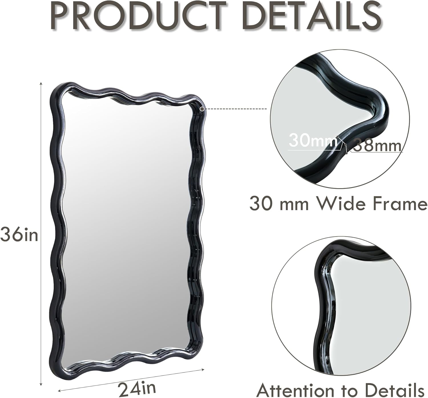 Wavy Bathroom Mirror Black Rectangle Scalloped 24x36 Mirror Modern Wood Farme Mirror Wall Decor for Bathroom Entryway Living Room Bedroom Hallway