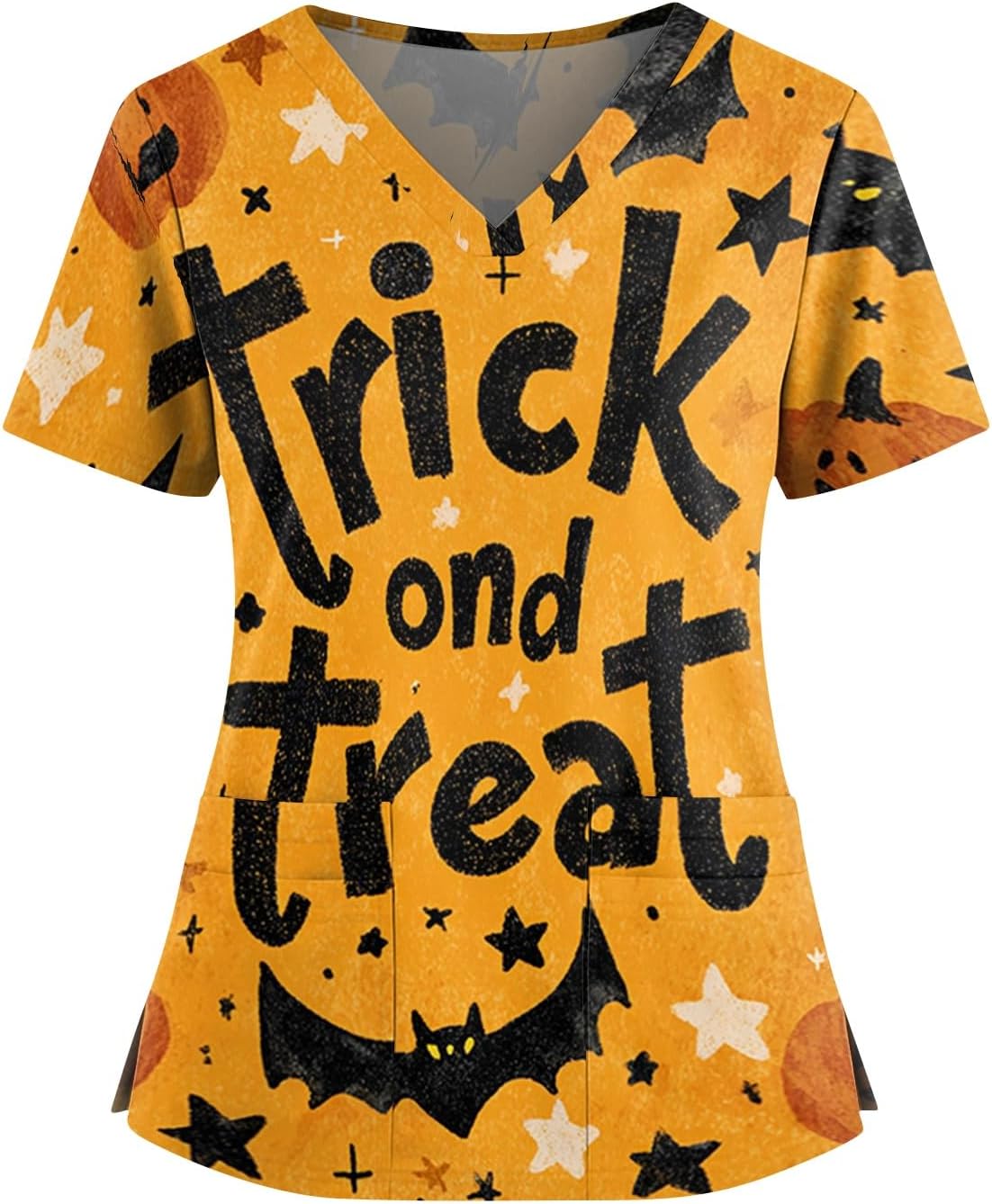 Women's Halloween Tops, Short Sleeve V-Neck Cute Holiday Shirts with Pockets, S-5XL