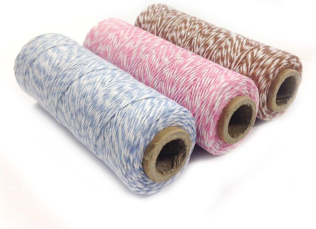 Allydrew Cotton Baker's Twine 4ply 330 Yards (Set of 3 Spools x 110 Yards) for Gift Wrapping, Party Decor, and Arts and Crafts (Brown, Pink, Blue Grey) (66426, 66421, 66794)
