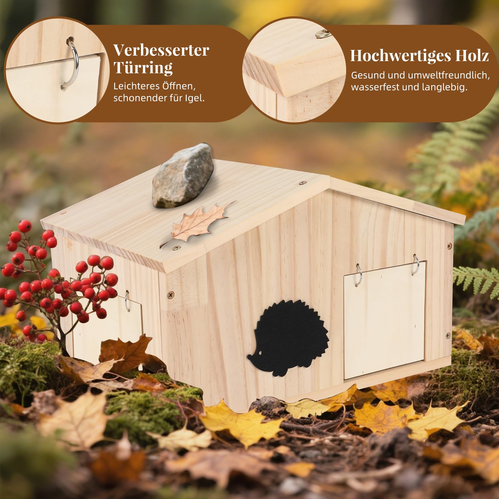 Igelhaus Holz mit Rattenklappe und Boden, Winterfestes Igelhotel für Garten