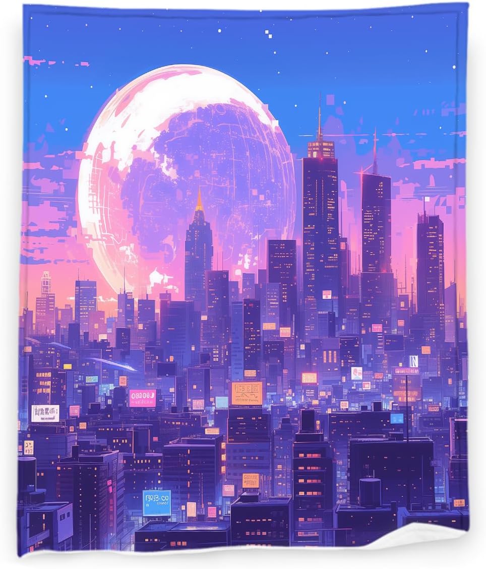 Japanese Anime 50" x 60" Pixel Art Cyberpunk City Skyline Neon Super Soft Bedding Fleece Throw Blanket Luxury Bed Blanket Sofa Living Room Bedroom Warm Lightweight for Men and Women