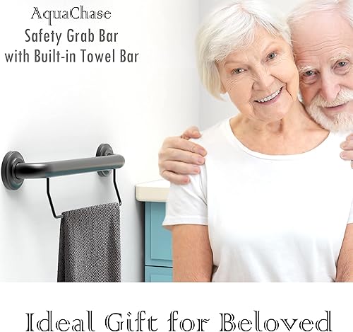 Miniatura 9 de Barandilla de agarre compatible con ADA con toallero, soporte de peso de 500 libras, 1-14 x 16 pulgadas para montaje de perno, negro mate