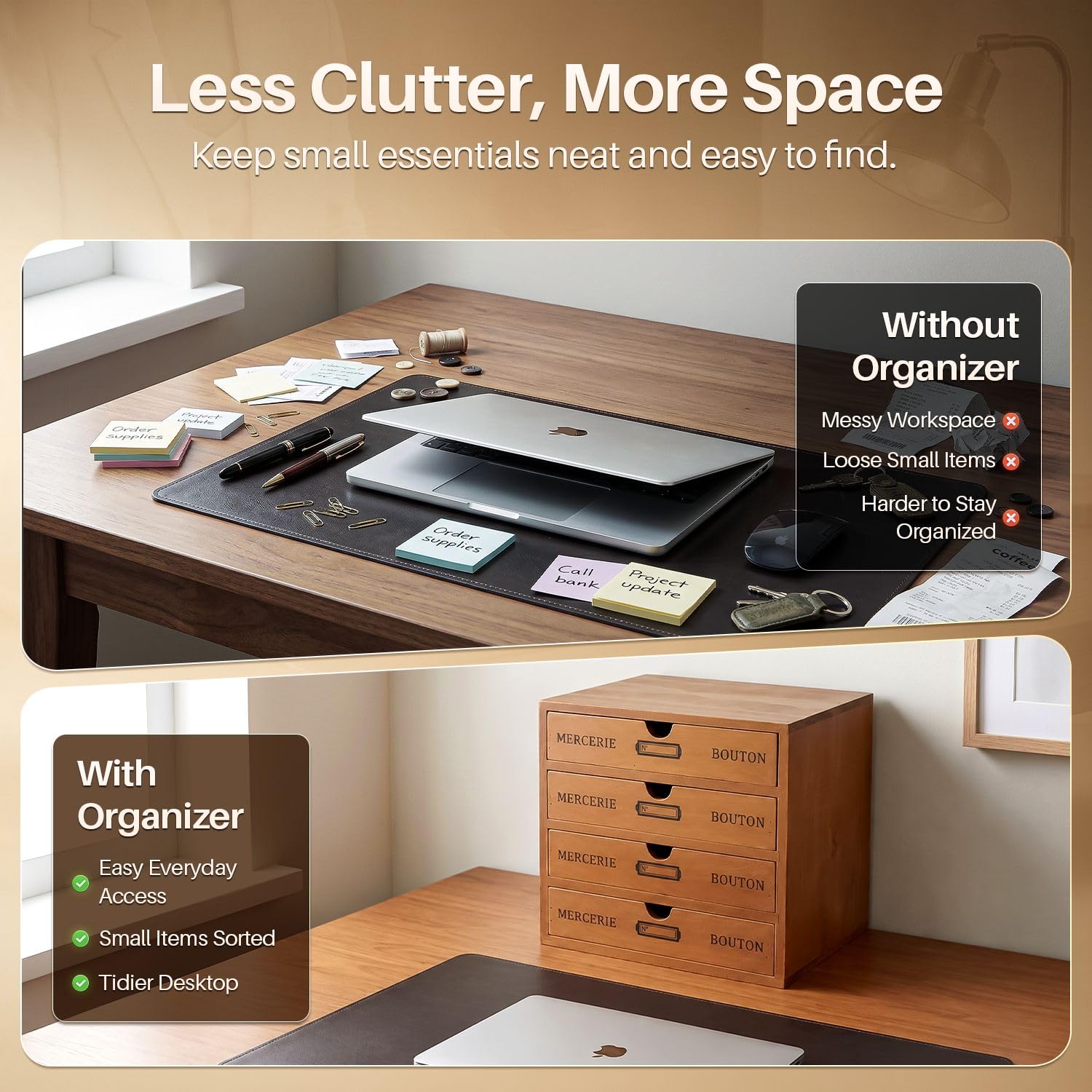 Flexzion Organizador de suministros de oficina de escritorio de madera con 4 cajones de almacenamiento, gabinete de mesa de madera de 4 niveles, decoración de vanidad, herramienta de arte y correo