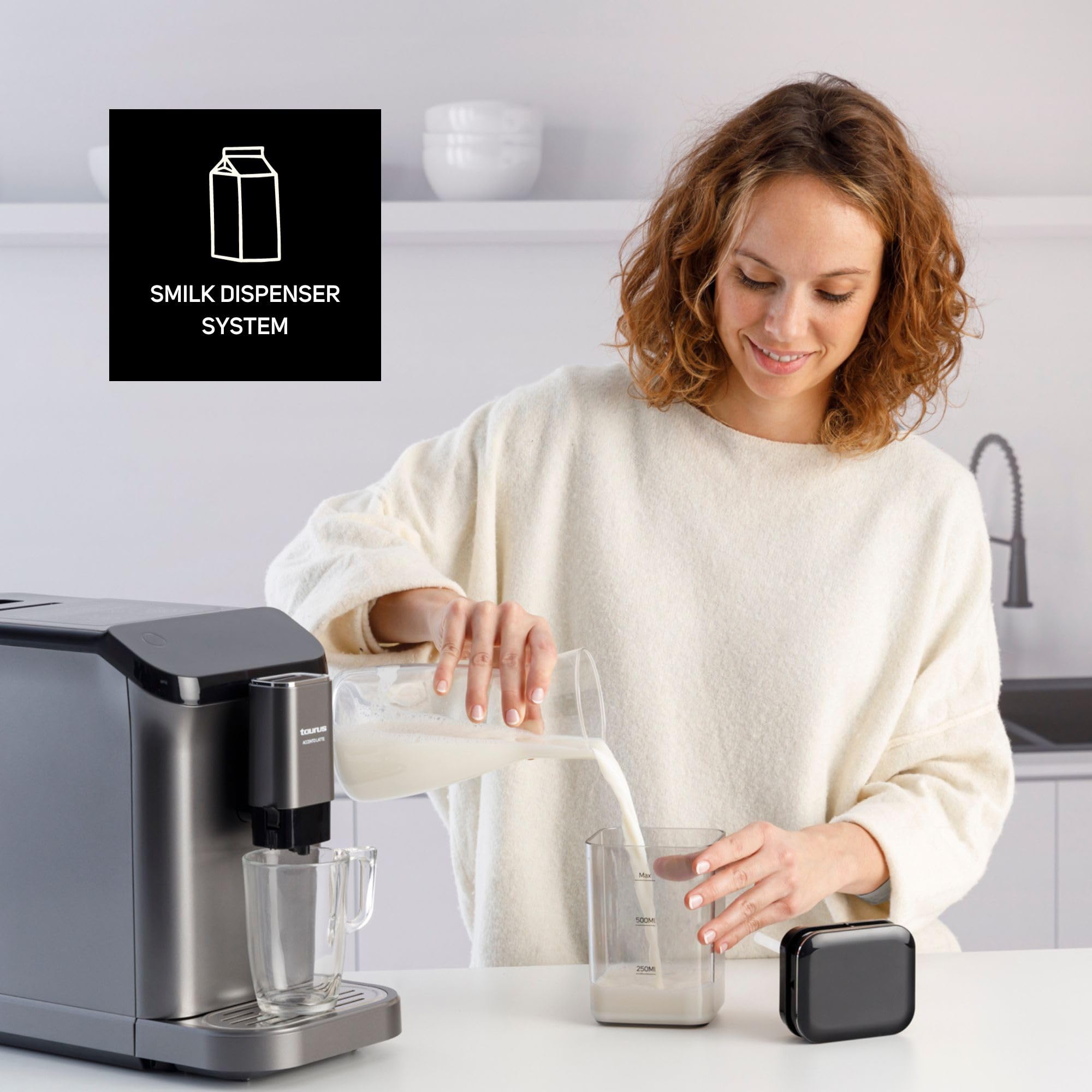 Taurus - Cafetera Accento Latte superautomática | 20 bares | Espresso y Latte | 1350w | 1.5L | Pantalla digital | Limpieza automática | 4 bebidas programables | Depósito de leche conectable