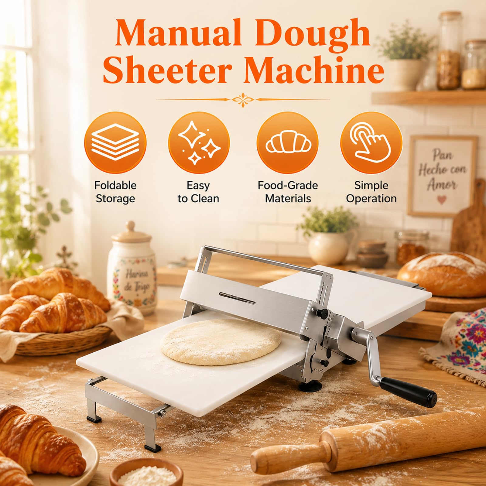 Máquina laminadora Manual, Plegable, de Acero Inoxidable, con Grosor Ajustable, para hojaldre, Masa de Pizza, Croissants y Productos de panadería.
