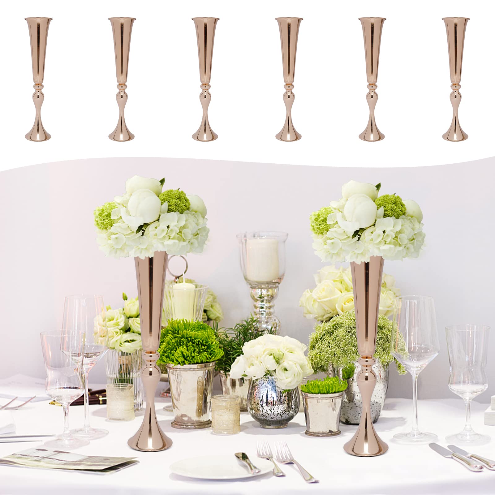 Set di 6 vasi da tavolo in metallo dorato con finitura lucida, per feste di compleanno, feste di compleanno, soggiorno, decorazione