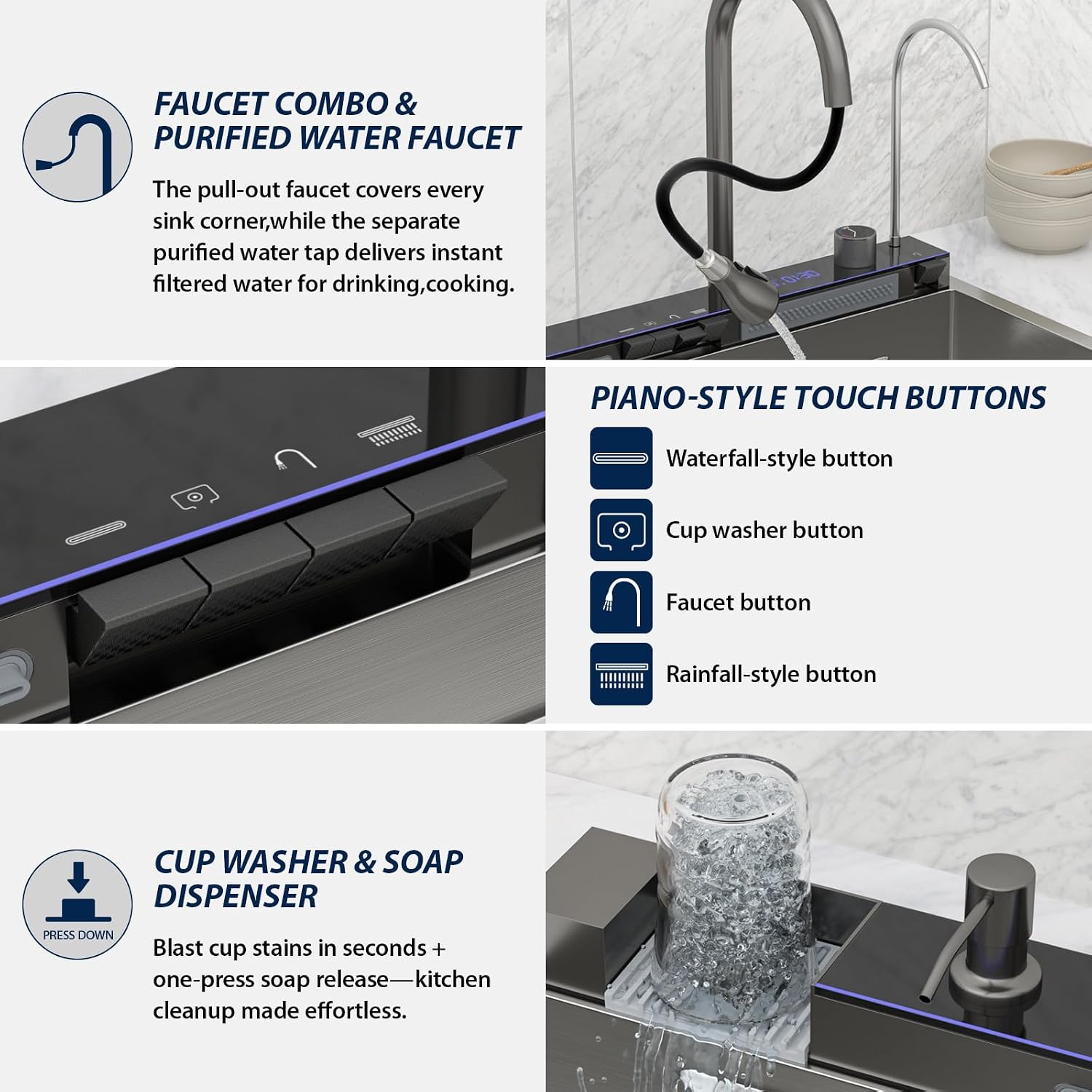 Logmey 36" Smart Dual Waterfall Sink with Digital Display,Water Purifier,Nano PVD Drop in Kitchen Sink with Faucet,16 Gauge Stainless Steel Sinks with Temperature Control Knob,5 Buttons,36x19x9