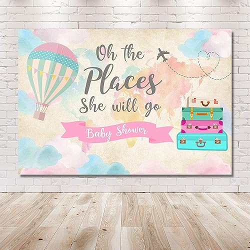 Miniatura 6 de Decoración de fiesta de baby shower de niña de viaje, telón de fondo, mapa rosa, maletas, viajes alrededor del mundo, globo aerostático, Oh The