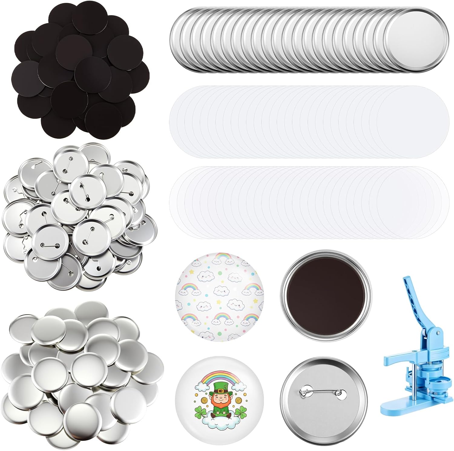 Wavwavw 100 Sets 58mm/2.25 Inch Round Button Maker Supplies, 50 Pcs Blank Fridge Magnet Badge Parts and 50 Pcs Pin-Back Badge Parts Press for Square Button Maker Machine, DIY Gift Crafts