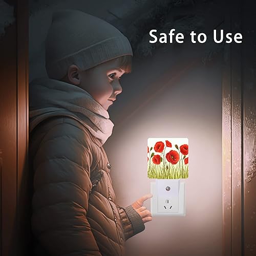 Miniatura 8 de Luz nocturna de flores rojas, flores de amapola roja y mariquitas, luces nocturnas enchufables con sensor de atardecer a amanecer para escaleras,