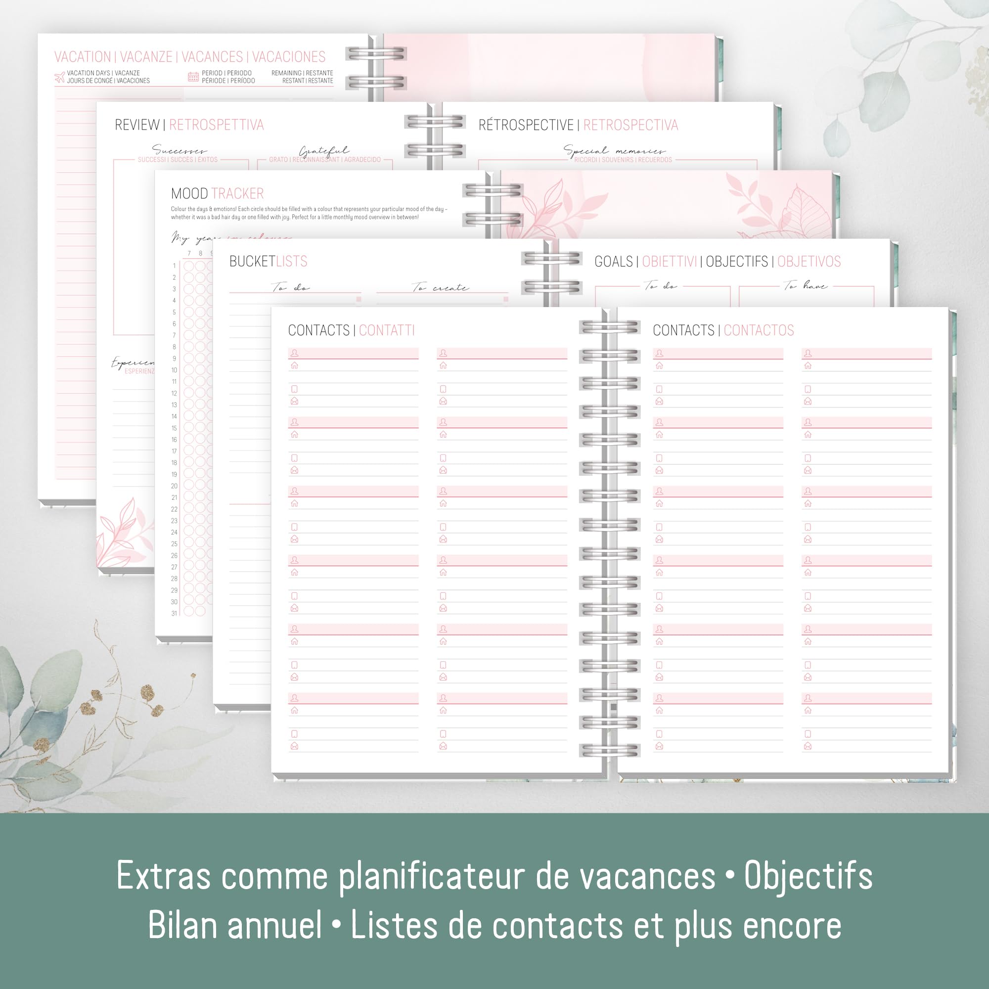 Häfft® Calendrier international 2026 A5 Feuille d´or reliure spirale EN/FR/IT/ES agenda personnel life planner durable