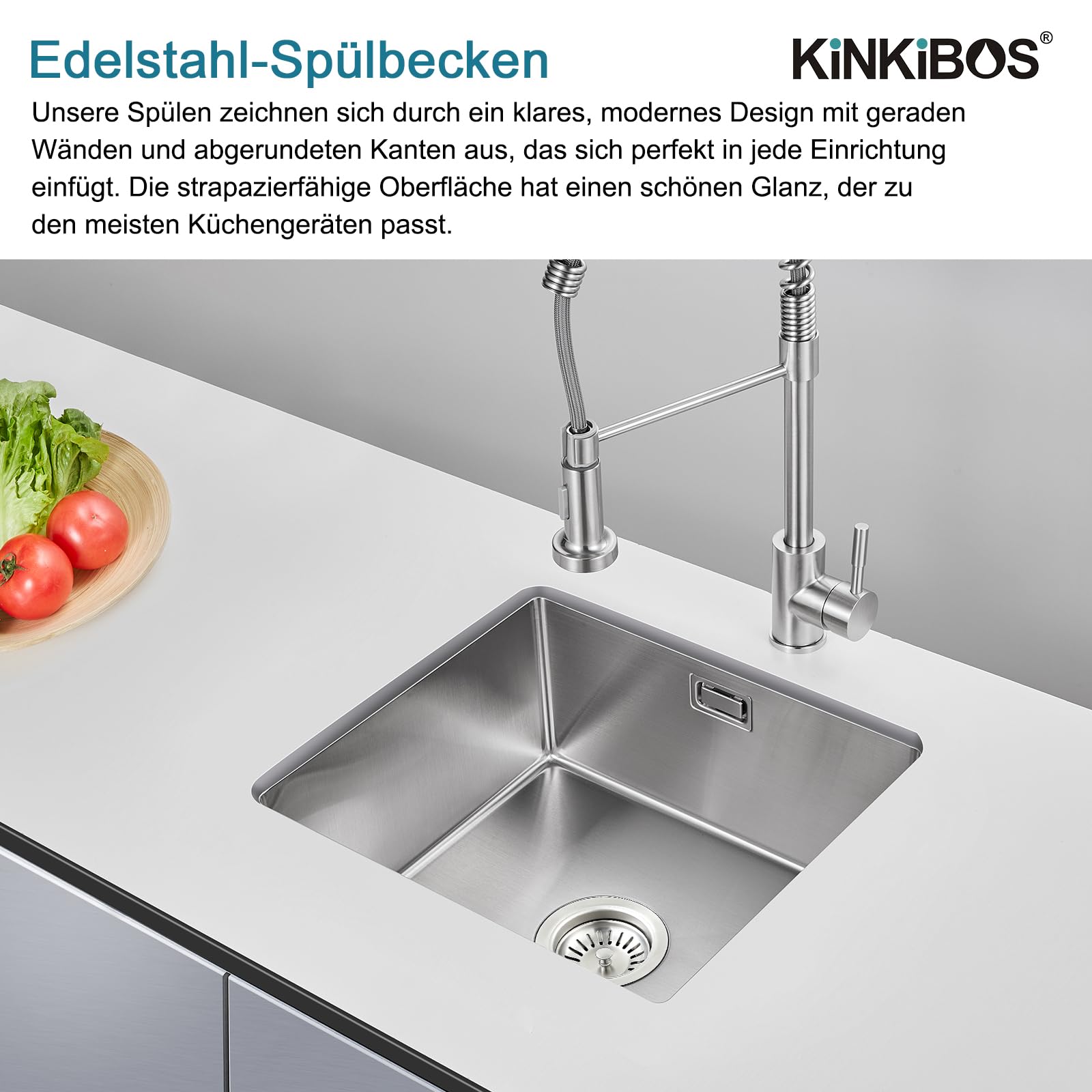 Spülbecken 304 Edelstahl 45 x 45 cm, Küchenspüle mit Überlauf, Ohne Hahnloch, 1 Becken für 50 cm Unterschrank