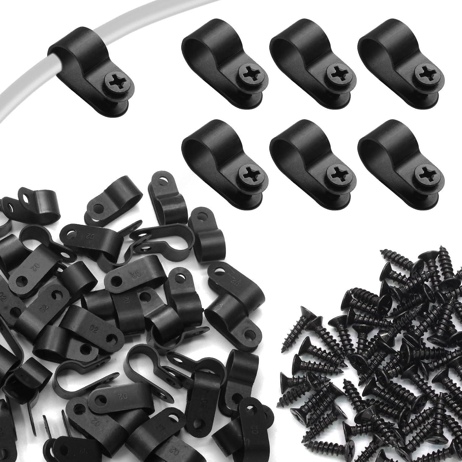 Uenhoy 100 Pcs 1/4" R-Type Cable Clamps Wire Clips, Nylon P-Type Screw Mounting Cord Fastener Clips for Wire Management, Screws Included, Black Rope Light Clips