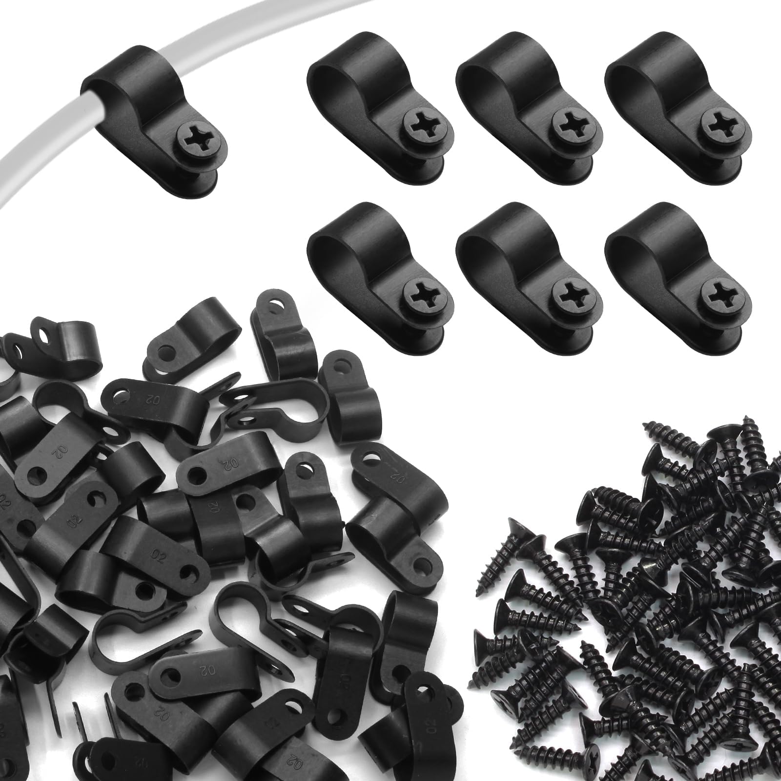 Uenhoy 100 Pcs 3/8" R-Type Cable Clamps Wire Clips, Nylon P-Type Screw Mounting Cord Fastener Clips for Wire Management, Screws Included, Black Rope Light Clips