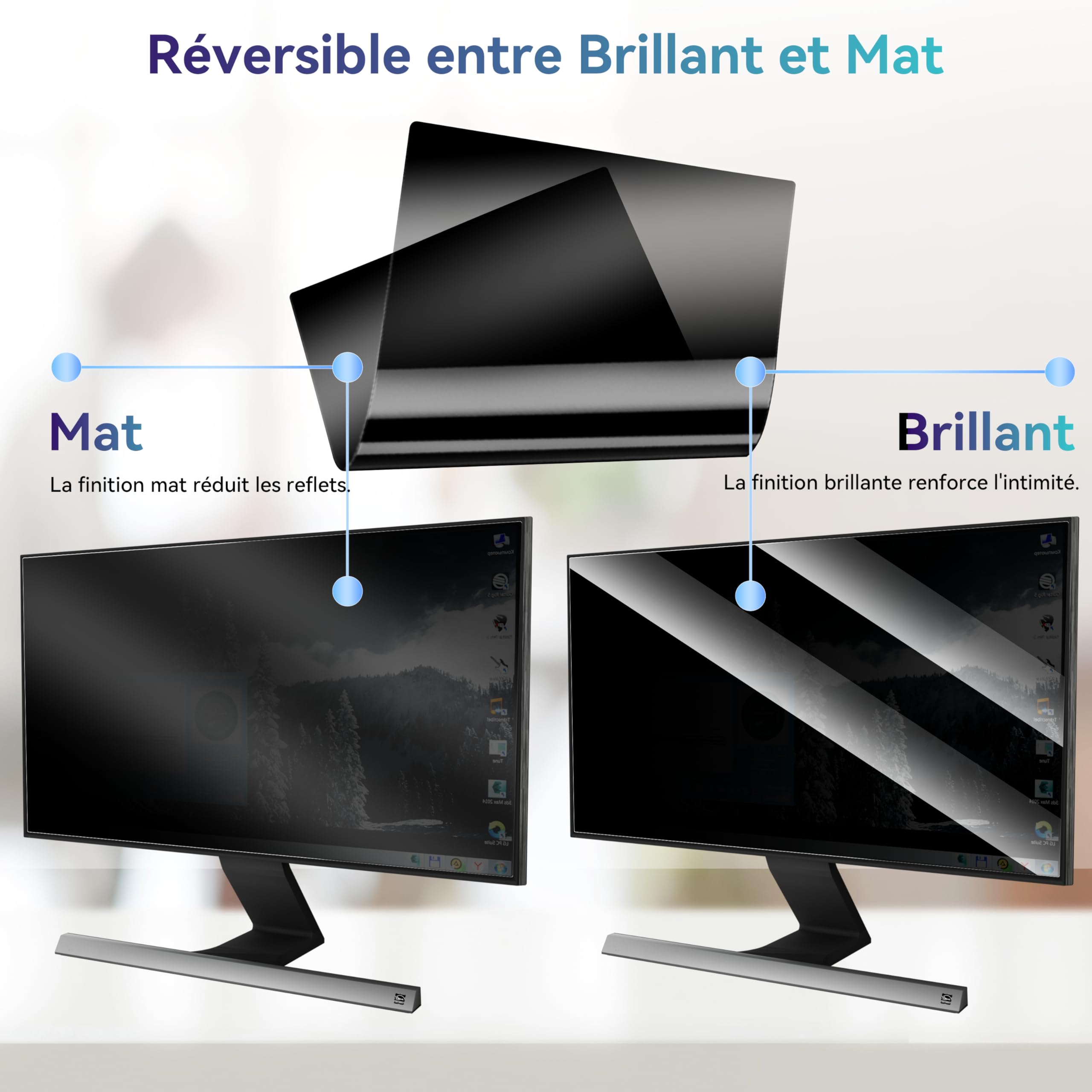 Filtre de Confidentialité Premium 27 Pouces 16:9 - Protection d'Écran Amovible Anti-Espion, Anti-Lumière Bleue et Anti-Regard, Compatible avec la Plupart des Moniteurs PC 27 Pouces