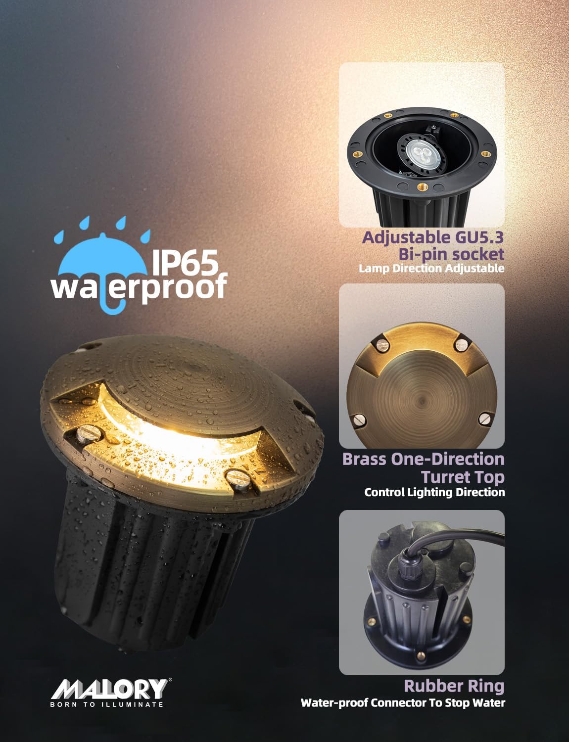 MALORY Brass Top Cover Landscape Well Lights,(5‘’H) 12V Low Voltage Outdoor In Ground Lights,5W Landscape Lighting for Pathway, Driveway and Garden (One-Direction Turret, 10-Pack with Bulb)