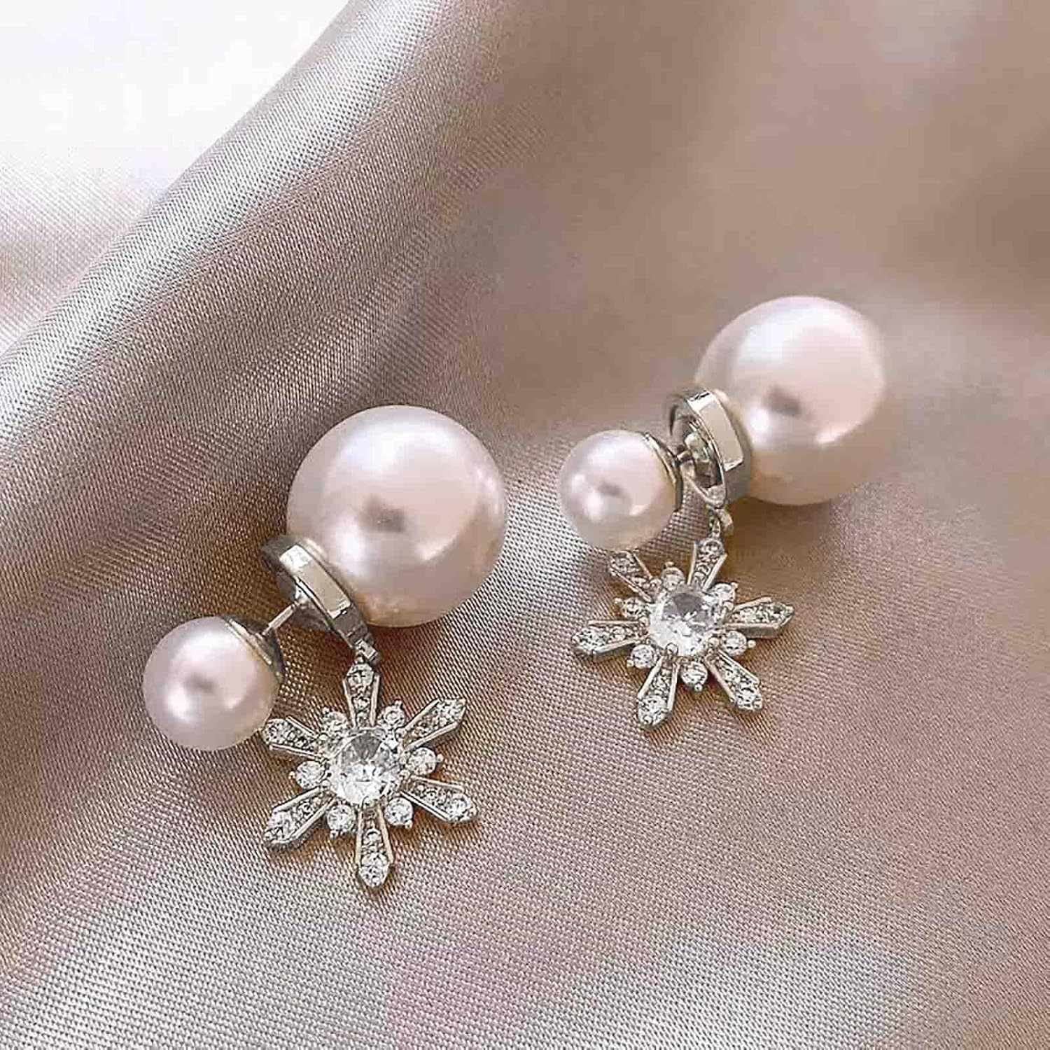 Boho Pearl Jacket Earrings for Teen Pearl Stud Earrings Crystal Snowflake Earrings Snowflake Drop Dangle Earrings Pearl Wedding Earrings Jewelry for Women - Image 3
