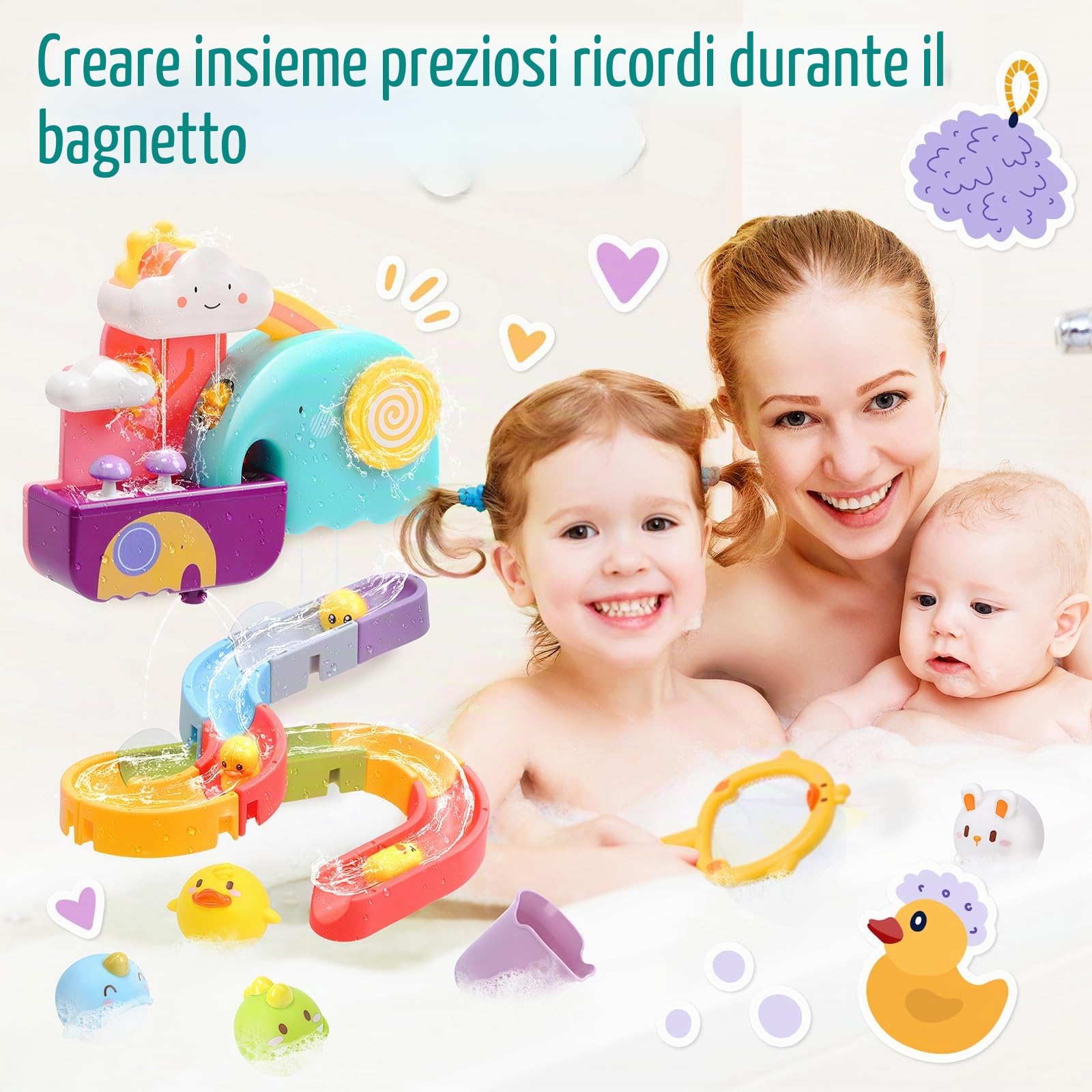 CUTE STONE Giocattolo da bagno per bambini, giocattolo da bagno con pista di costruzione scivolo acquatico, giocattoli galleggianti senza fori, gioco di rete da pesca anatra, regali per ragazzi e