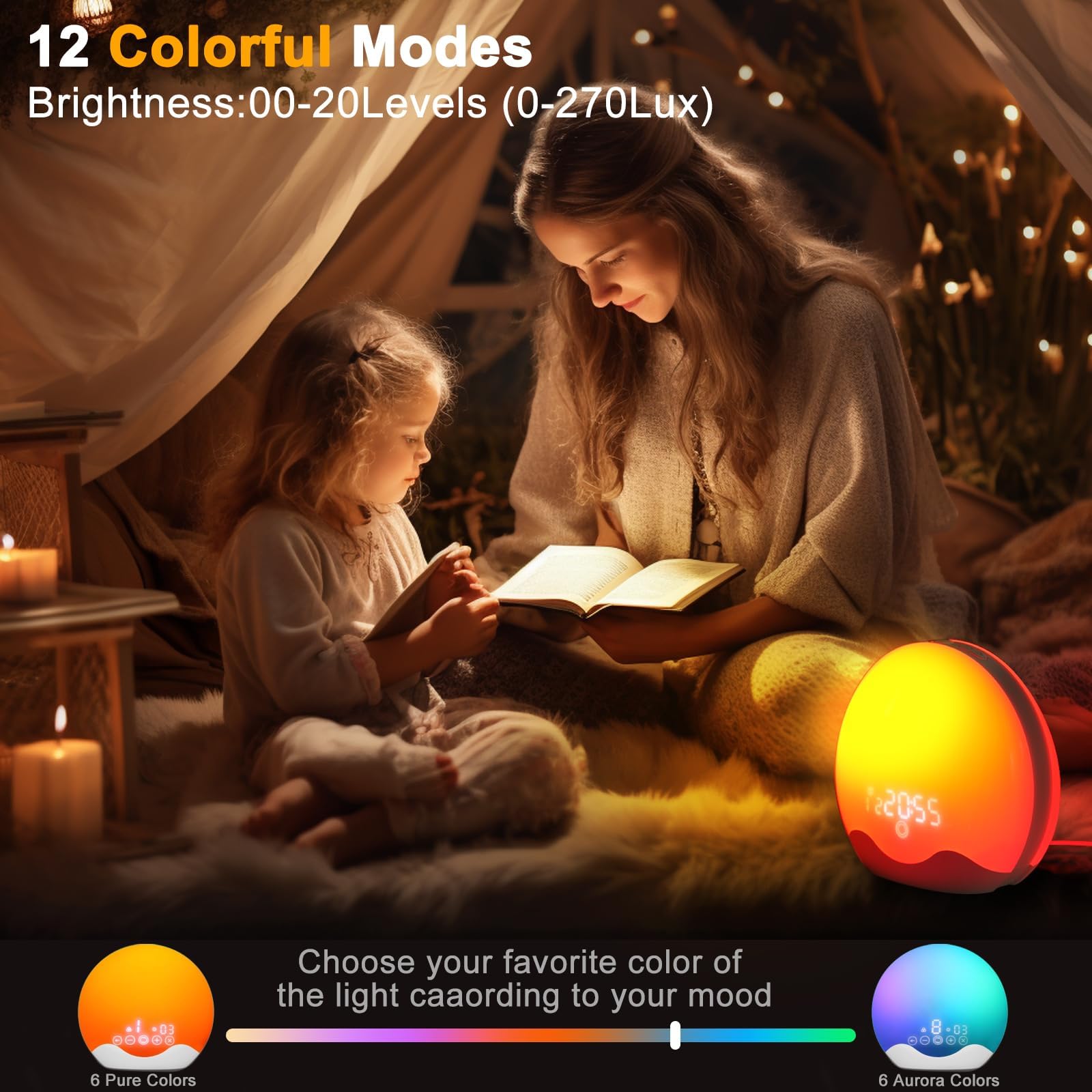 Sveglia luminosa, alba e tramonto, radio FM, 5 suoni naturali, 2 allarmi, snooze, 12 luci colorate, 20 luminosità, lampada da comodino per bambini