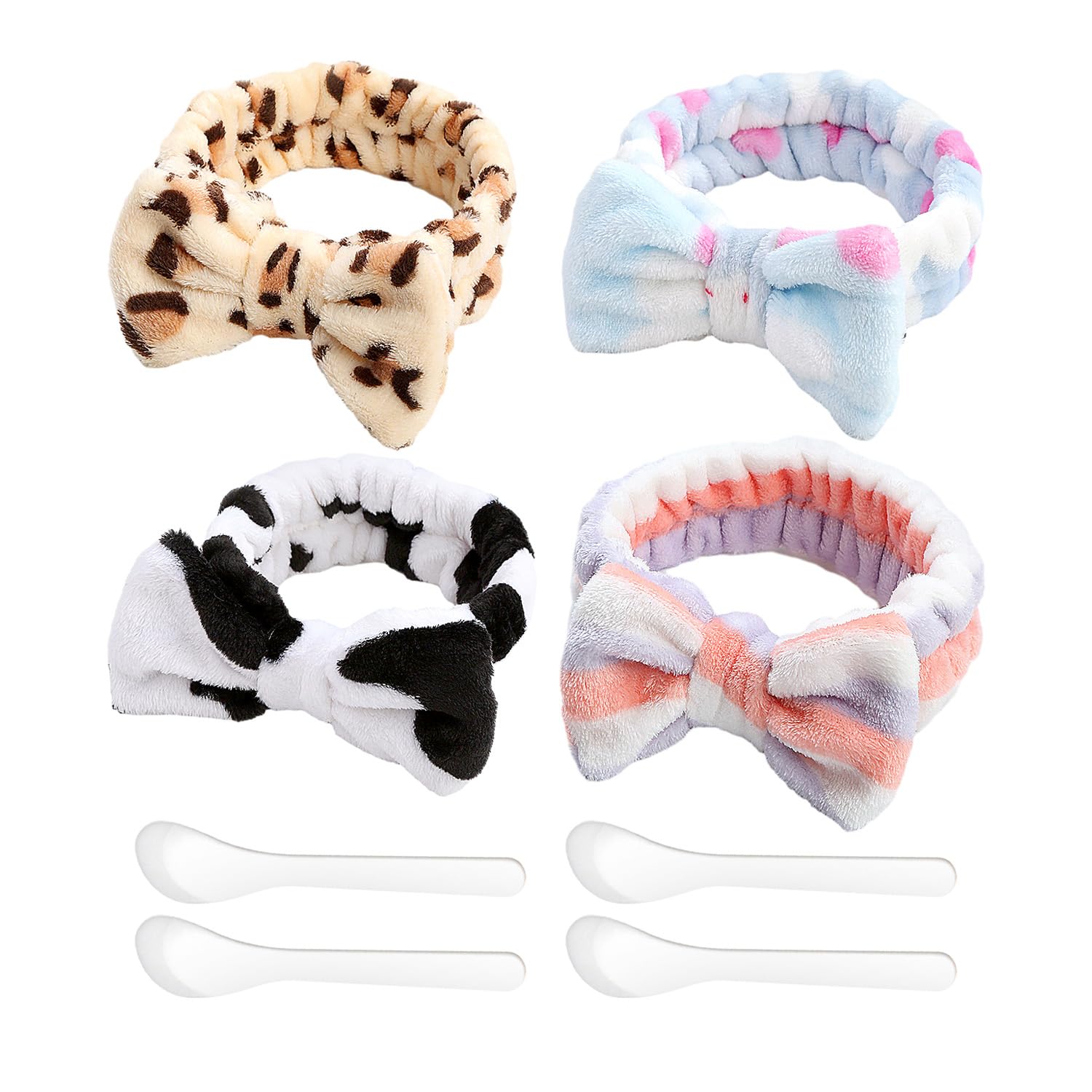 4 Multi-Color Coral Velvet Headbands And 4 White Facial Mask Sticks Set Of, Water-Absorbent And Elastic Hair Accessories, Which Can Be Used For Face Wash, Skin Care, And Makeup.