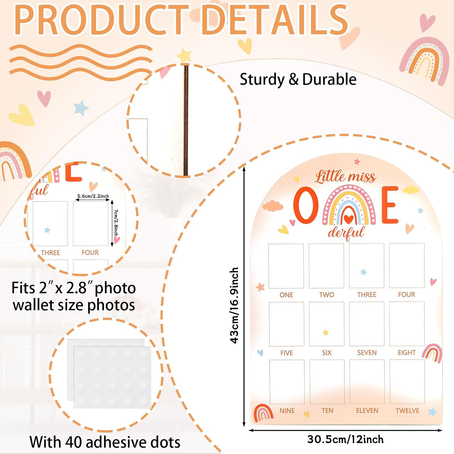 Little Miss One Derful Photo Board Boho Rainbow First Birthday Party Decoration Wooden Board 12 Monthly Milestone Picture Frame 1st Birthday Photo Banner for Baby Keepsake Gift Supply(Fit 2x2.8in Pic)