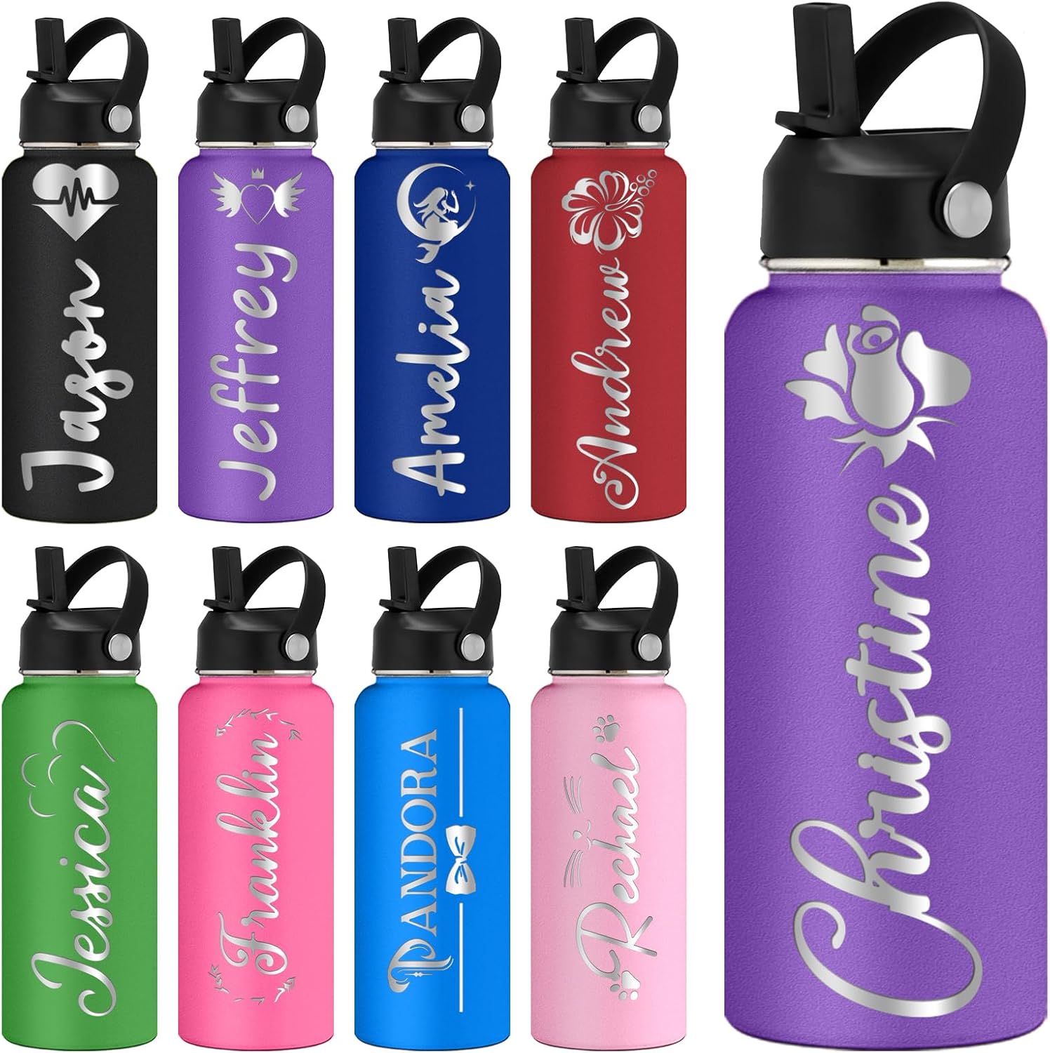 Personalized Insulated Water Bottle with Straw Lid Custom Engraved Sports Water Bottle with Name Customized Stainless Steel Water Bottle for Women Men-Purple