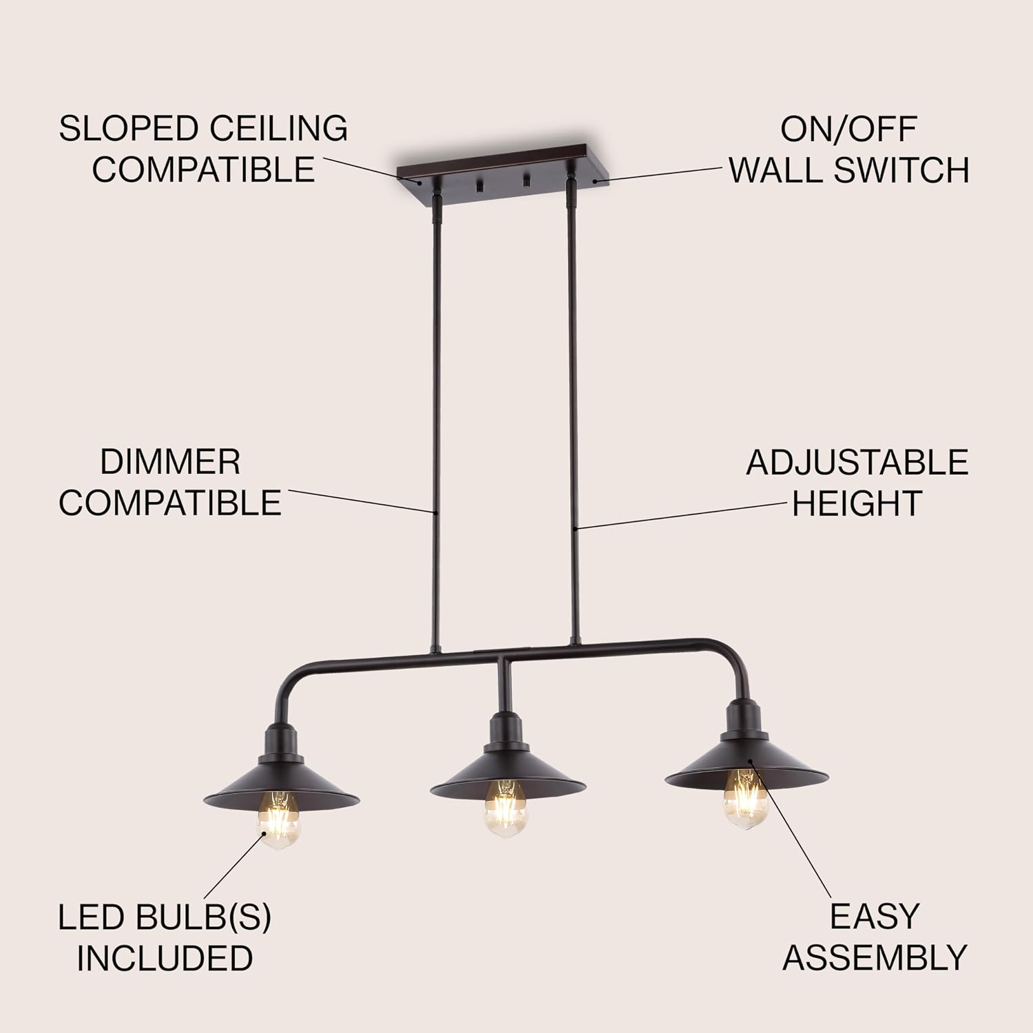JONATHAN Y 34.25" Oil Rubbed Bronze 3-Light Pendant for Kitchen Island, Modern Farmhouse Industrial Metal Ceiling Light with LED Bulbs, Iron Shade (JYL1113A)