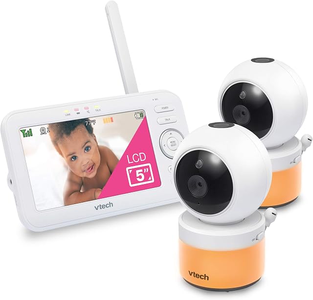 VTech LM918-2W Vidéo Baby Monitor avec 5" Ecran, Zoom panoramique, Lumière nocturne activée par le son & Projection sur le Conseil, vision nocturne, 2 Caméras, Options de visionnage multiple, Blanc