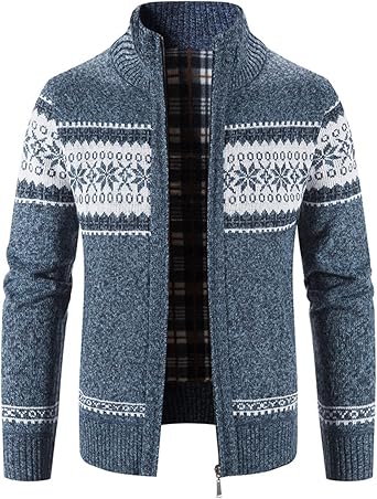Mens Cardigan Sweaters Stand Collar Cable Thick Knitted Full Zip Sweater with Pattern