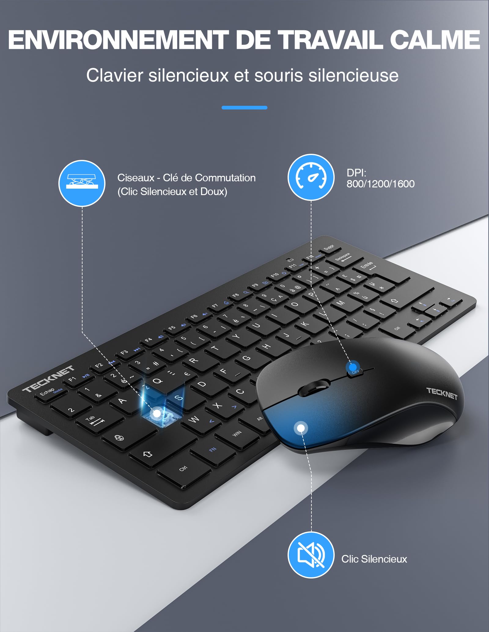 TECKNET Clavier et Souris sans Fil, 2,4 G Silencieux avec Récepteur Nano USB, France AZERTY, 12 Raccourcis Multimédia pour Ordinateur, PC, Ordinateur Portable, Ordinateur de Bureau