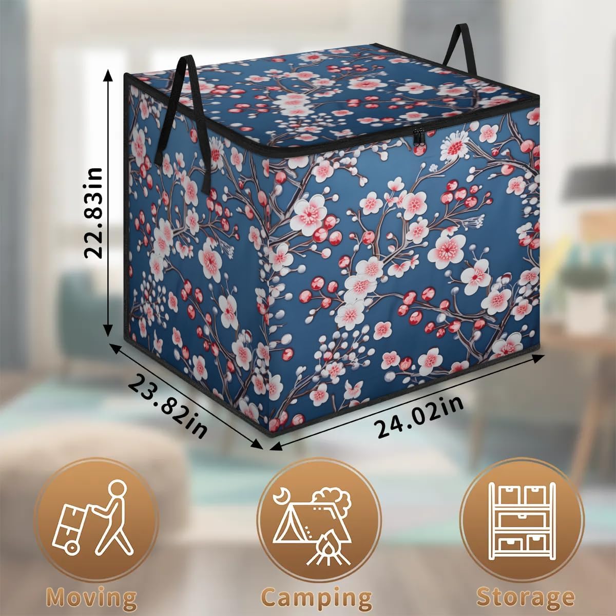 Honeybaby 214L Extra Large Comforter Storage Bag Blossoms Printed Cherry Storage Totes with Lids Waterproof Closet Organizer Folding Blanket Storage Bags for Clothes Bedding Pillows