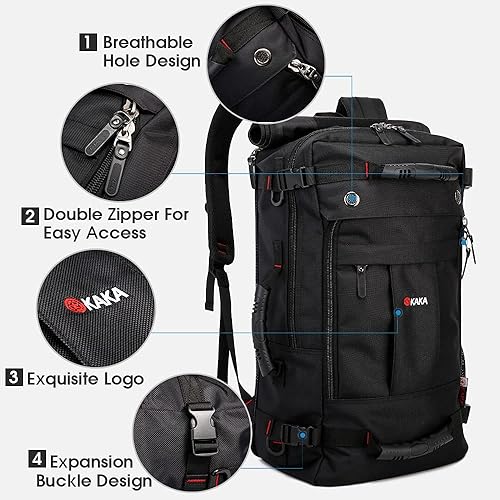 Miniatura 5 de KAKA Mochila de viaje, bolsa de mano resistente al agua, aprobada para fines de semana, mochila de lona para hombres y mujeres, Negro (parte