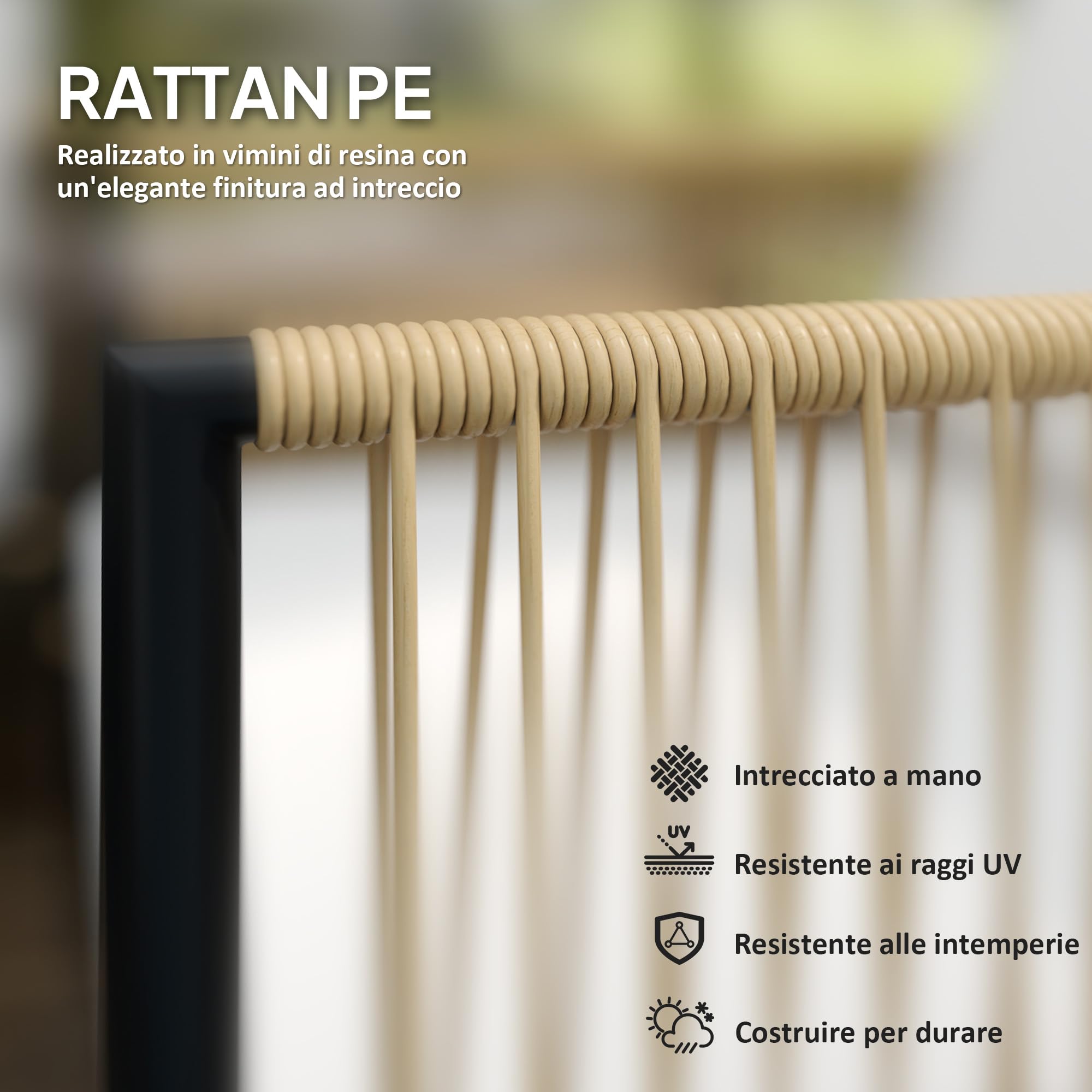 Outsunny Set di Mobili da Giardino in Rattan 4 Pezzi Color Legno e Crema | Salotto da Esterno, Divano a 2 Posti, 2 Poltrone, Tavolino Basso Rettangolare, Cuscini Lavabili, in Acciaio