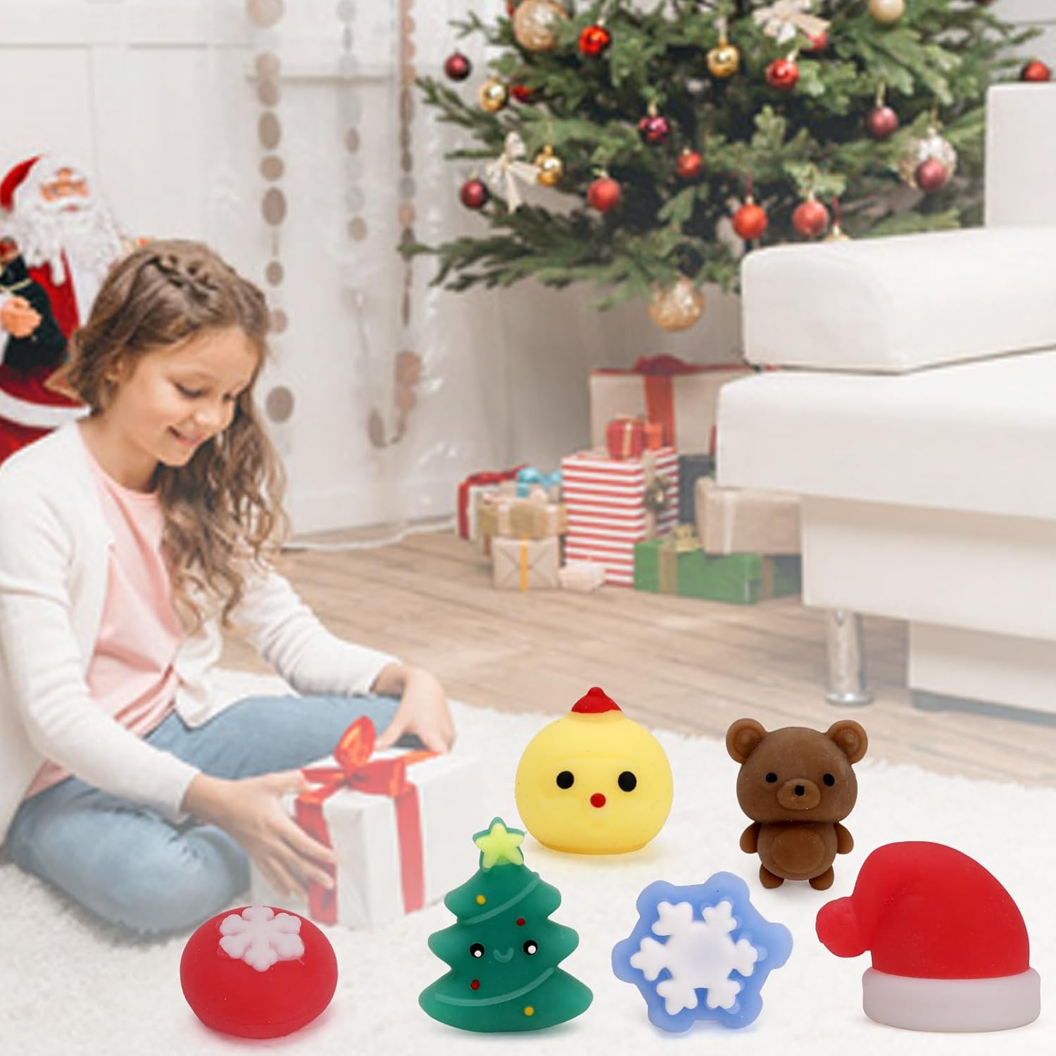50 Pcs Christmas Mochi Squishy Toy Party Favors,Mini Squishies Cute Squeeze Toy Stress Reliever Anxiety Packs for Kid