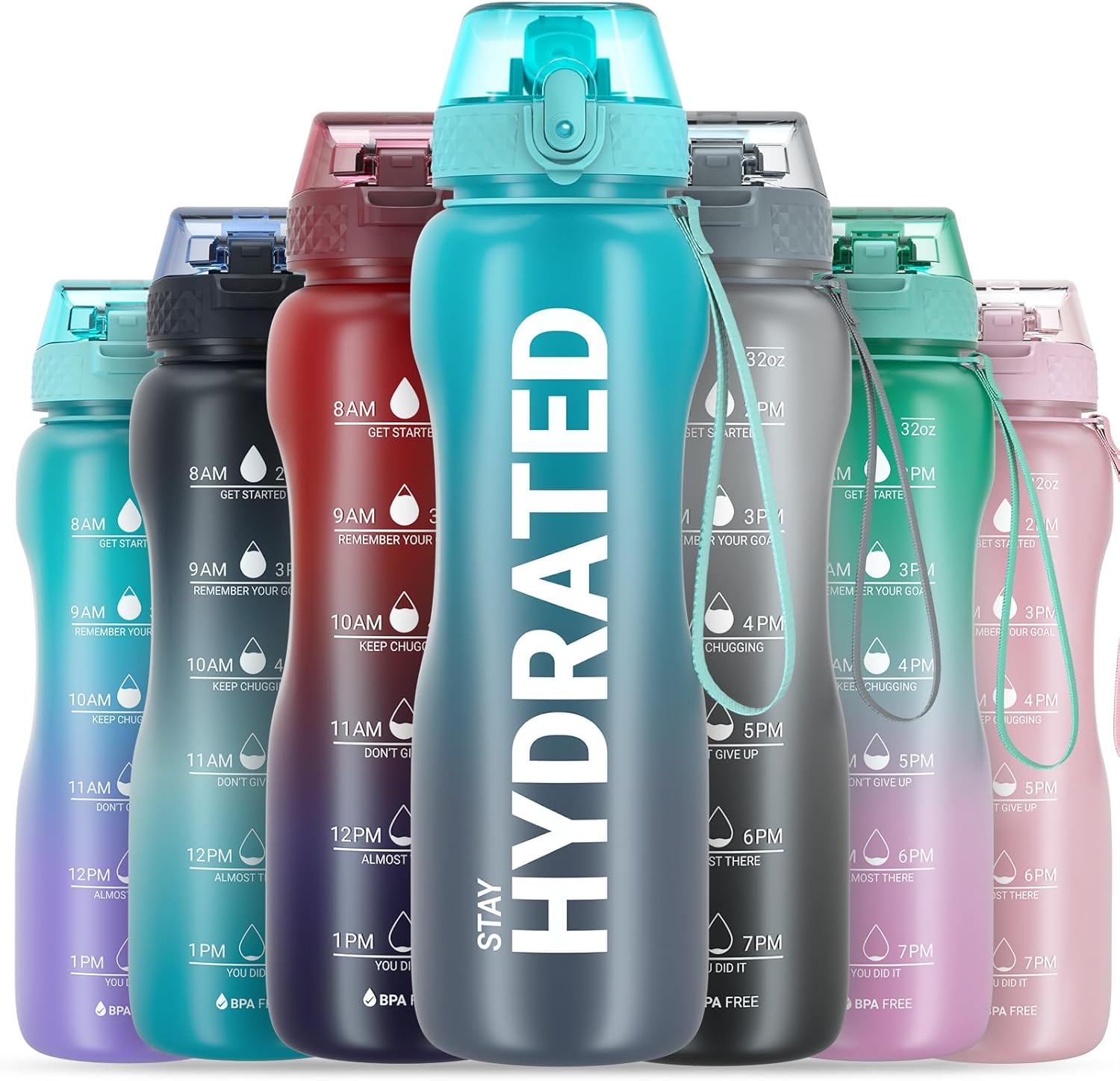 Gohippos Water Bottles with Times to Drink, 32 oz Water Bottle with Straw