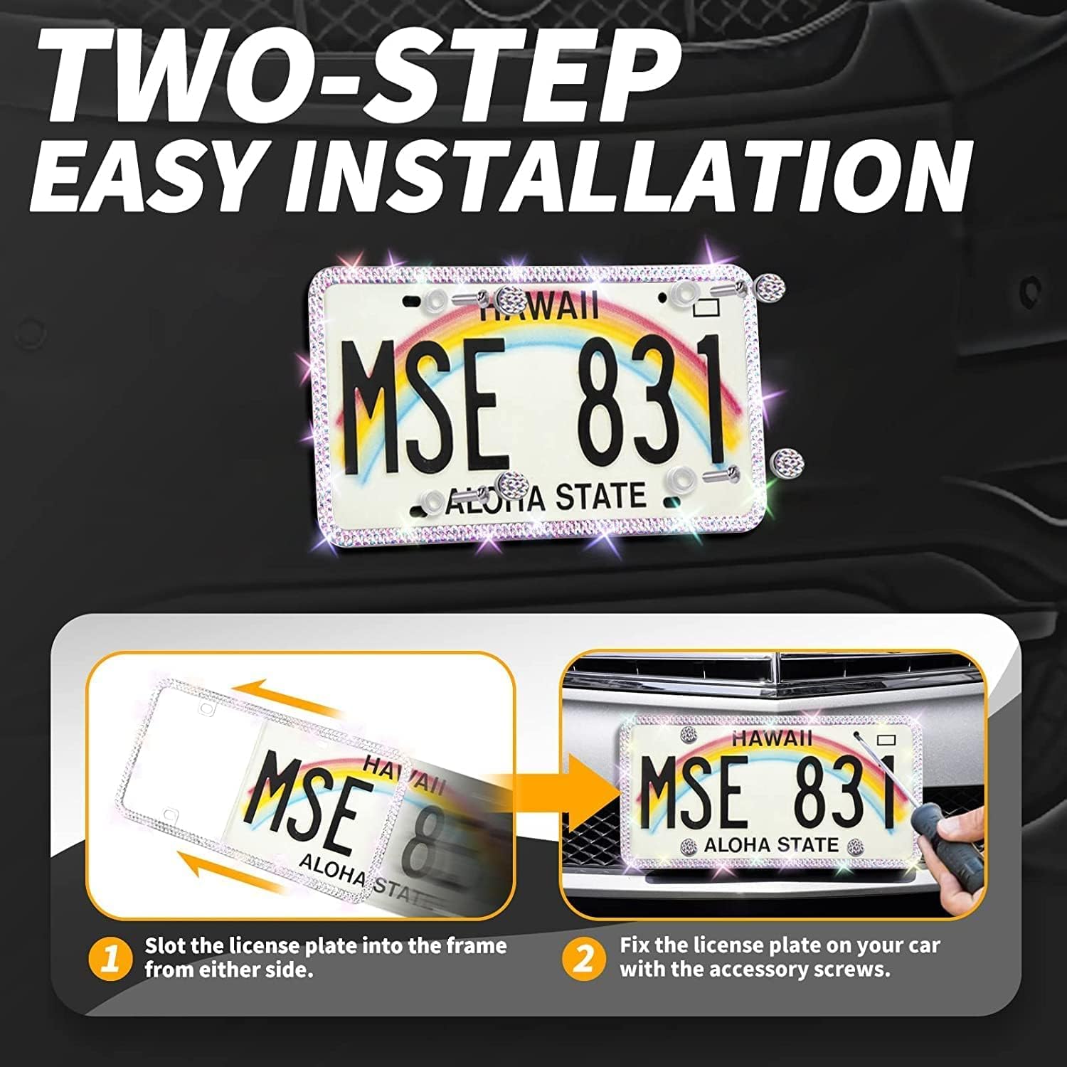 Aujen Bling License Plate Frames 2 Pack, Stainless Metal License Plate Covers, Obstruction-Free & License Plate Frame for Women, Sparkly Rhinestone License Plate Frame Colorful with Gift Box