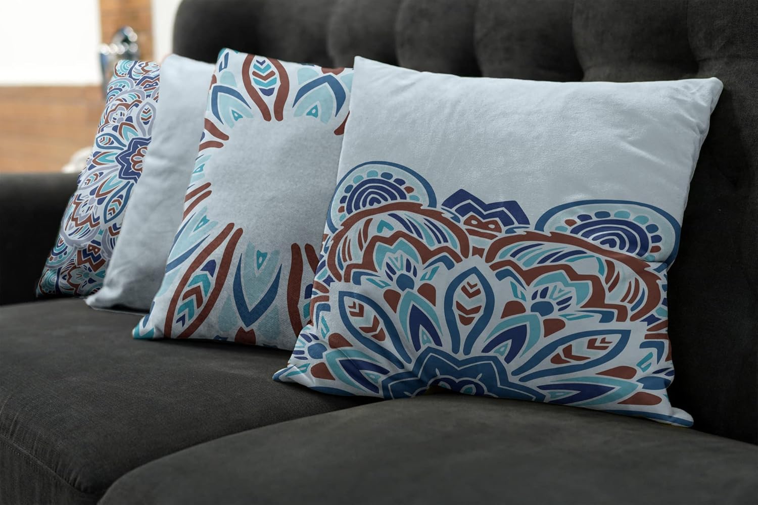 Ambesonne Mandala Throw Pillow Cushion Case Pack of 4, Multicolor Swirling Boho Artwork with Eastern Influences Abstract Look, Modern Accent Double-Sided Digital Printing, 18", Soft Blue and Redwood