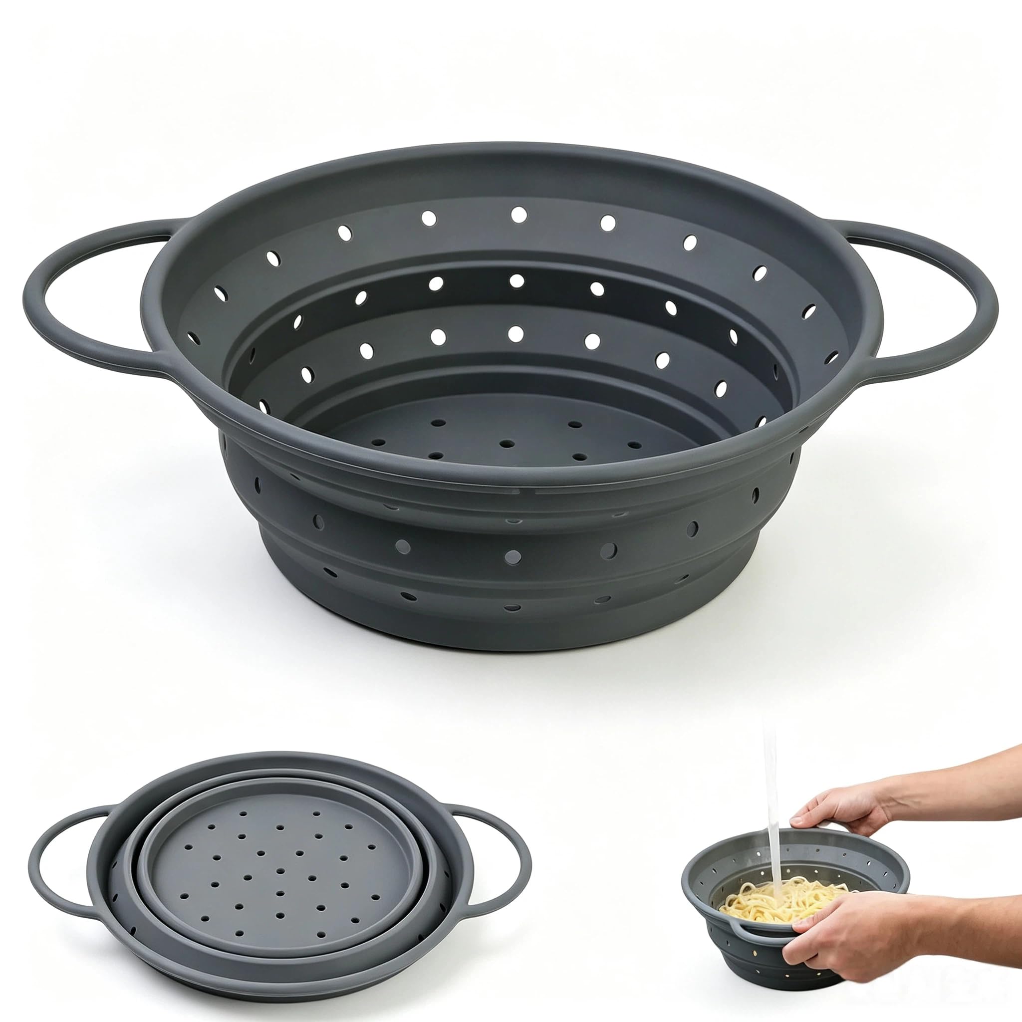 Collapsible Silicone Colander with Reinforced Frame, 28.3x21.5x6.8cm