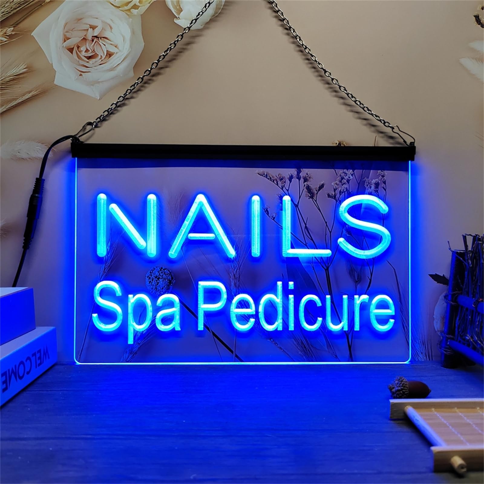 Salon kosmetyczny Neon LED szyld, włosy paznokcie pielęgnacja twarzy neony wiszące na ścianie dekoracje świetlne zasilane przez USB ze ściemniaczem, 40x30cm,Blue,D