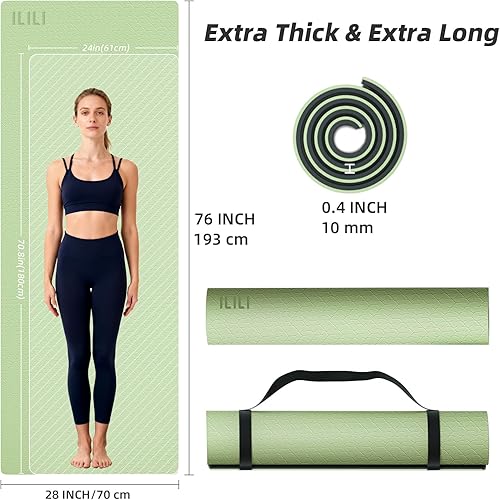 Miniatura 3 de ILILI Tapete de yoga de 0.394 in extra grueso y 76.0 in extra largo, 76 x 28 x 0.4 pulgadas, material TPE antideslizante de doble color, fácil de