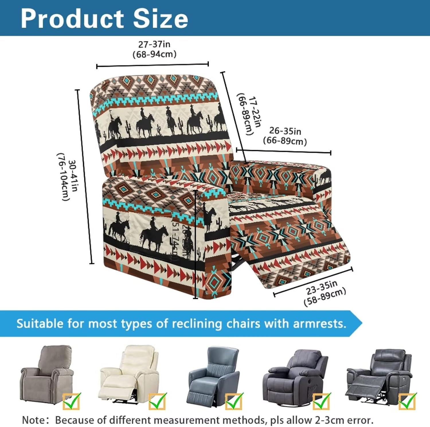 Western Aztec Cowboy Print Recliner Chair Covers Washable Lazy Boy Chair Covers Non Slip Single Seat Reclining Slipcovers Easy to Install Furniture Protector for Pet Kid