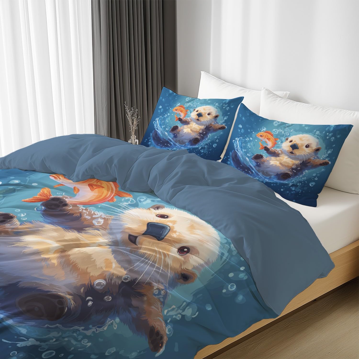 Niebieska pojedyncza urocza wydra 220 x 240 cm poszwa na kołdrę z nadrukiem na zamek błyskawiczny Zestaw pościeli z 2 poszewkami na poduszki Pościel Zestaw dla dorosłych i dzieci