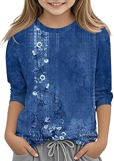 Teen Girls Flower Graphic Shirts 3/4 Sleeve Crew Neck Soft Tops Kids Fall Lightweight Thin Cute Pattern Shirts Clothes
