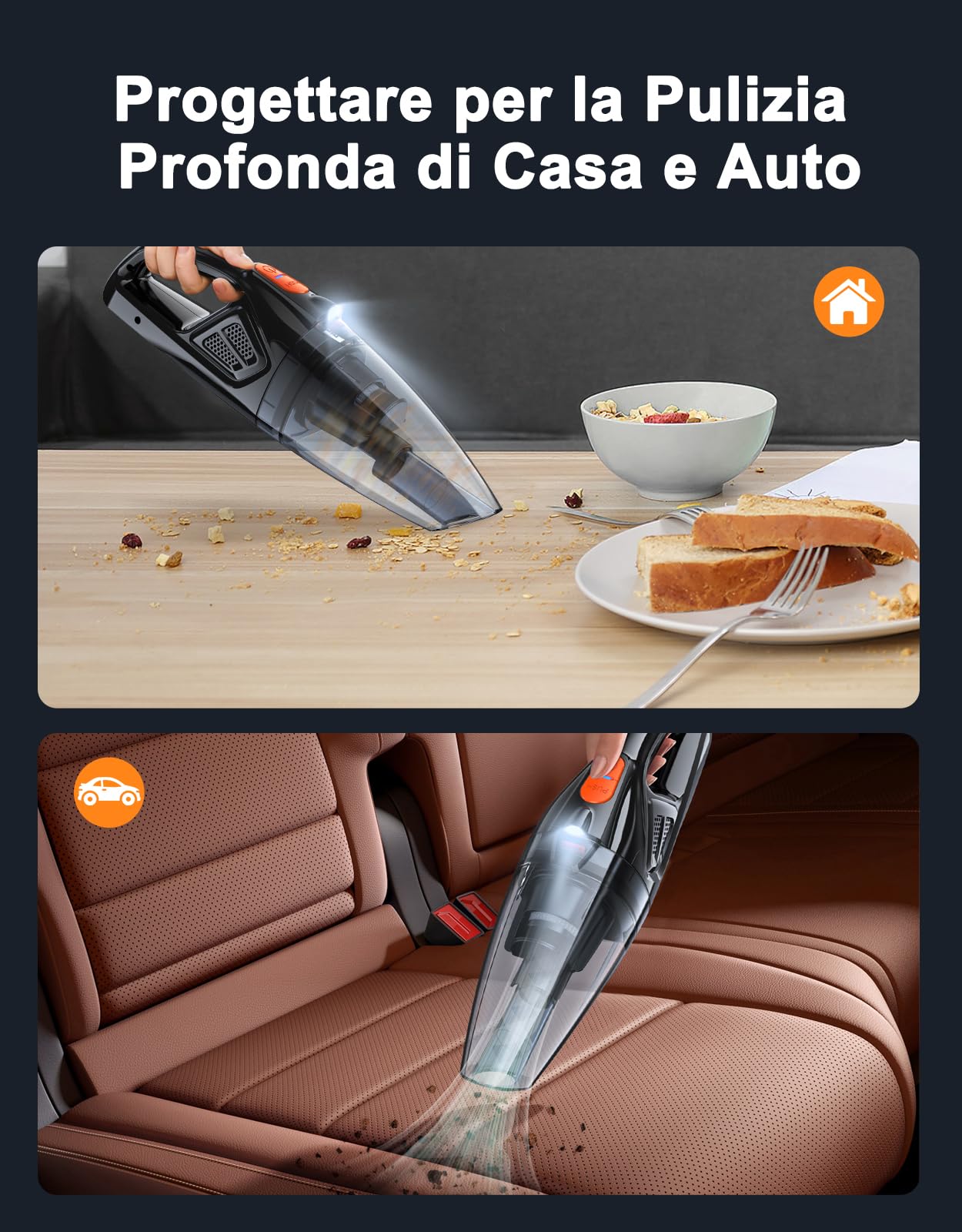 Aspirabriciole Senza Fili, [Base Ricarica Rapida] 9KPa Mini Aspirapolvere Auto Senza Fili Potente con LED, 2 Filtri HEPA, Aspirabriciole Portatile Umido & Asciutto per Casa/Auto/Ufficio/Cucina