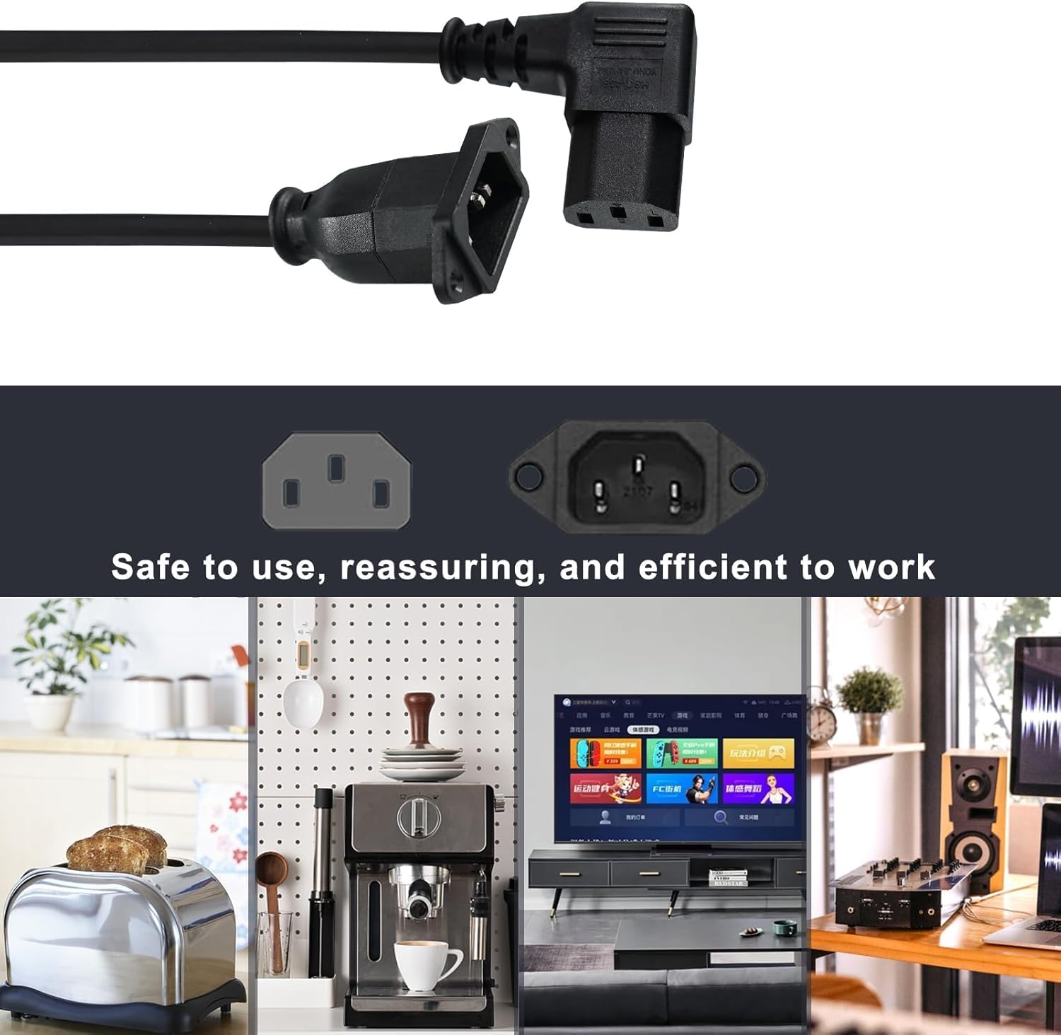 C14 to C13 Panel Mount Power Cable, 90 Degree Right IEC 320 C13 Female to C14 Male PDU Power Supply Extension Cord, for Computer LED HDTV Monitor and Scanner 0.4m