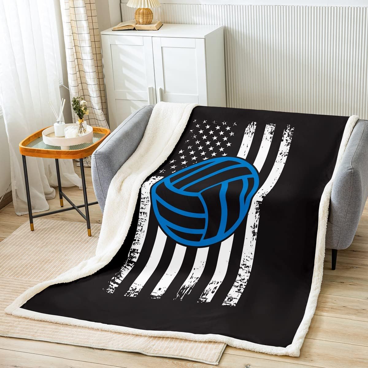 Volleyball Fuzzy Blanket American Flag Sports Fleece Throw Blanket for Bed Sofa Couch Boys Girls Black White Blue Volleyball Sherpa Blanket Ball Games Room Decor Throw 50"x60" Plush Blanket