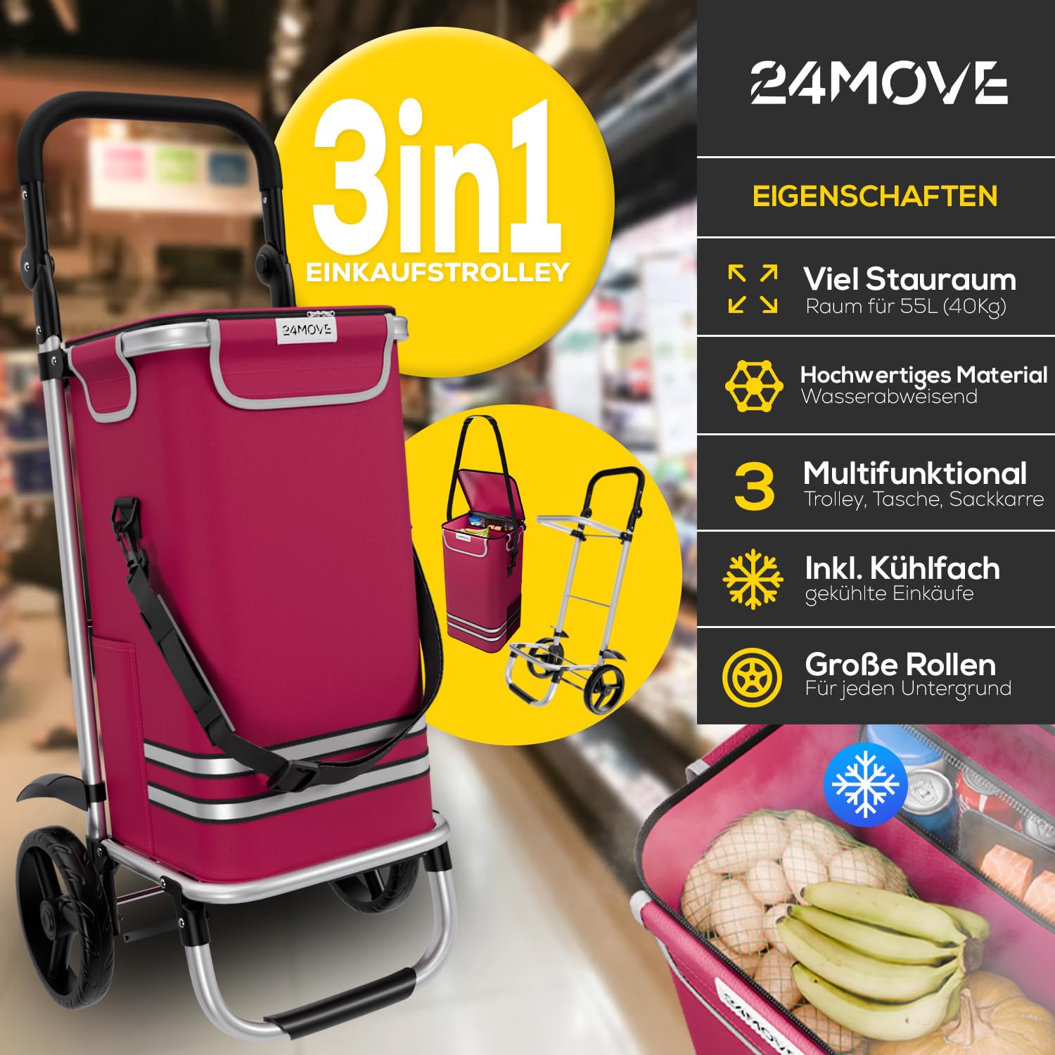 24MOVE® Einkaufstrolley Vehlo klappbar mit 55L inkl. Kühlfach, Faltbarer 3in1 Trolley - Sackkarre und Tasche, bis 40kg belastbar, rot – Ansicht 2
