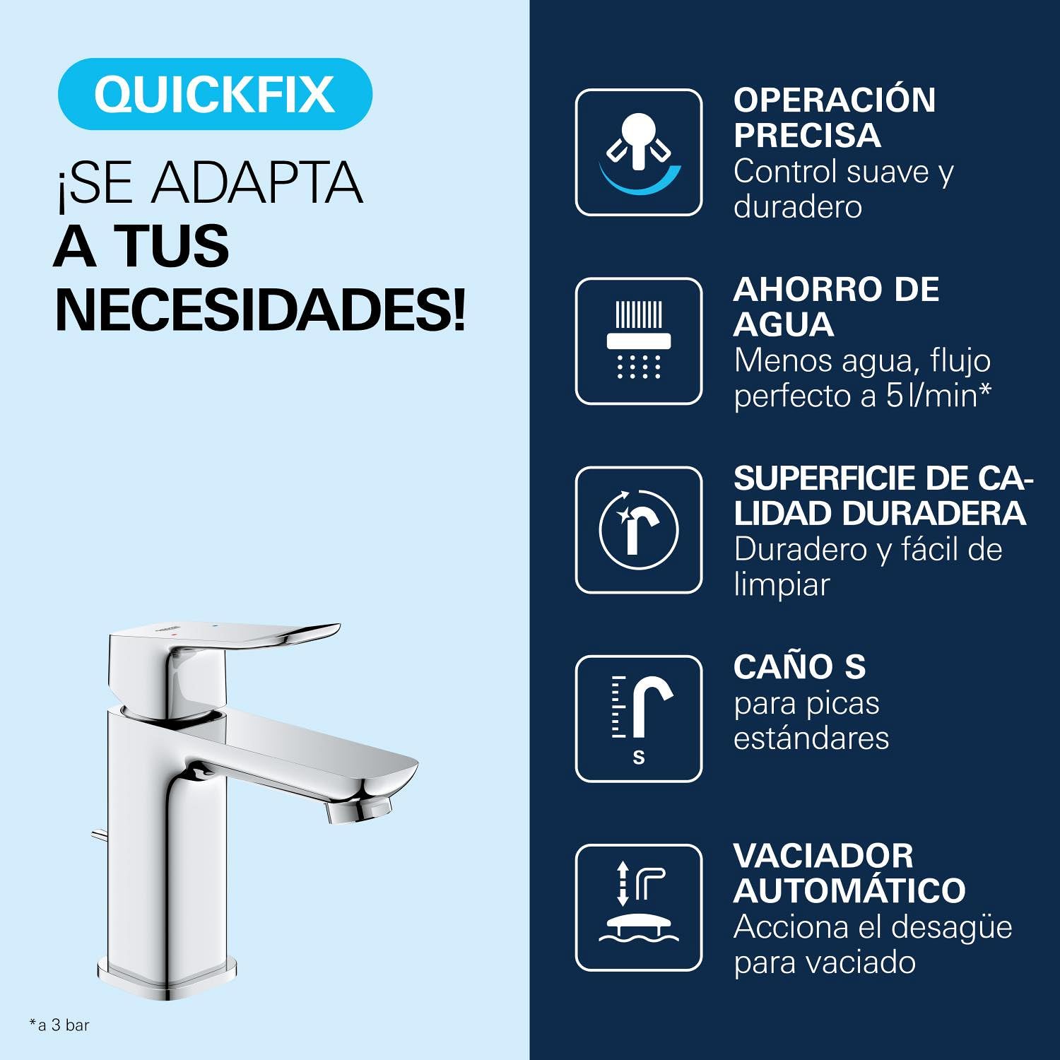 GROHE Dice Grifo Monomando de Lavabo S con Vacío Automático (Cartucho Cerámico 28 mm, Ahorro de Agua, Conexiones 3/8", Fácil de Instalar QuickTool Incluido), Cromado, 1018560000