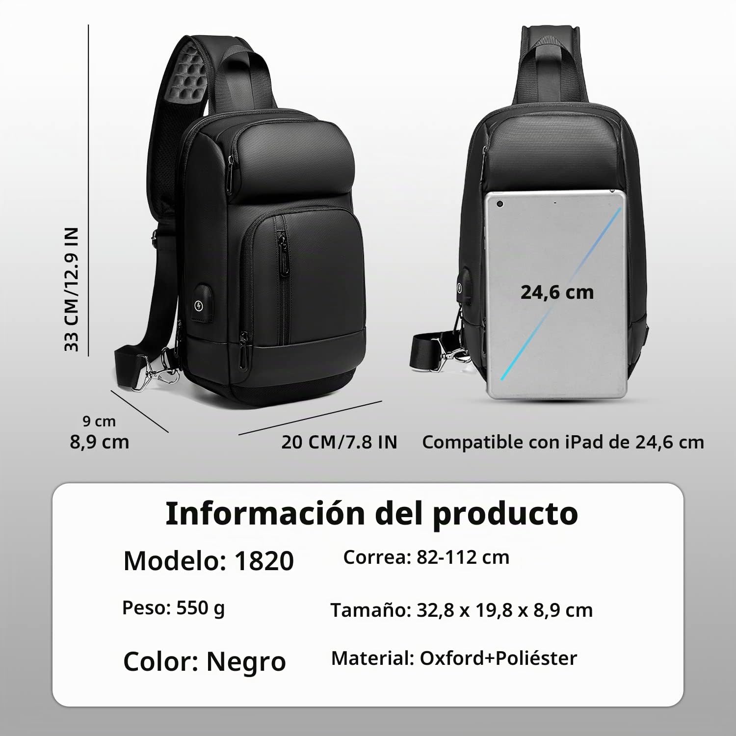 Bandolera Cruzada Hombre Bolso Pecho Grande Impermeable con USB Bolso para Vida Diaria Ciclismo Caminar Viajar y Trabajar-Negro